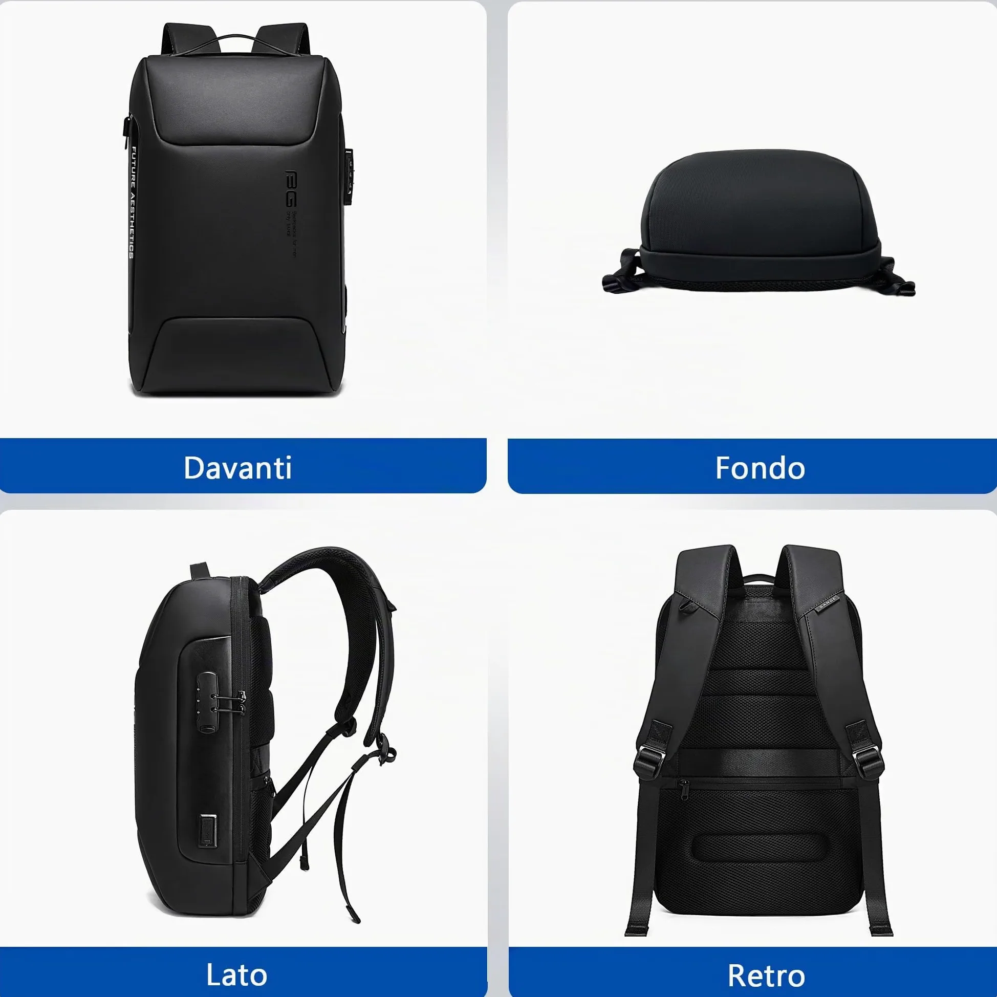 VARLIVOO Moda Uomo Zaino USB Port Parola d'ordine Serratura Antifurto Zainetto 15,6" Laptop Uomo Borse Lavoro Viaggio Scuola Impermeabile Polyester Nero