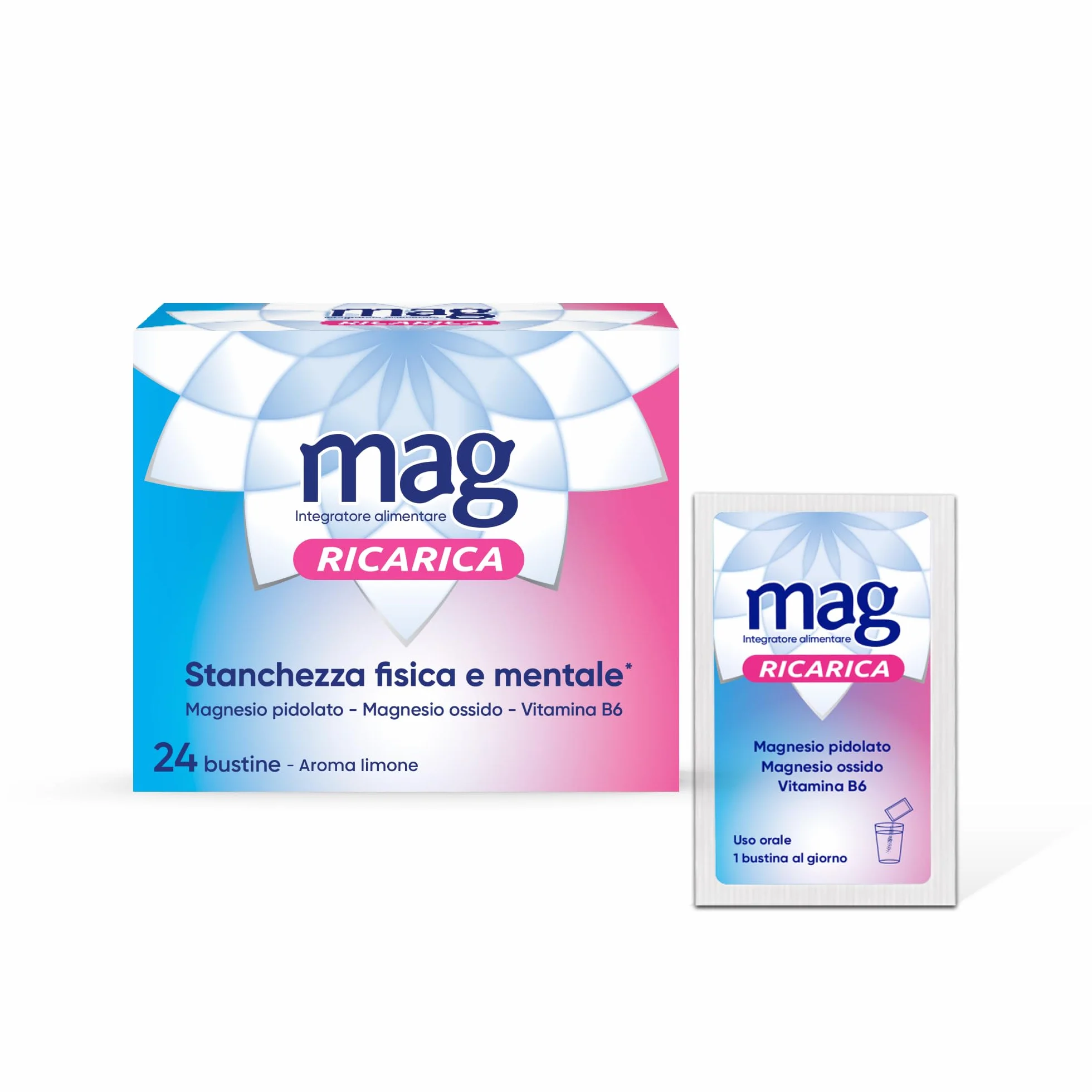 Integratori Magnesio Pidolato e Ossido con Vitamina B6 24 Bustine Limone
