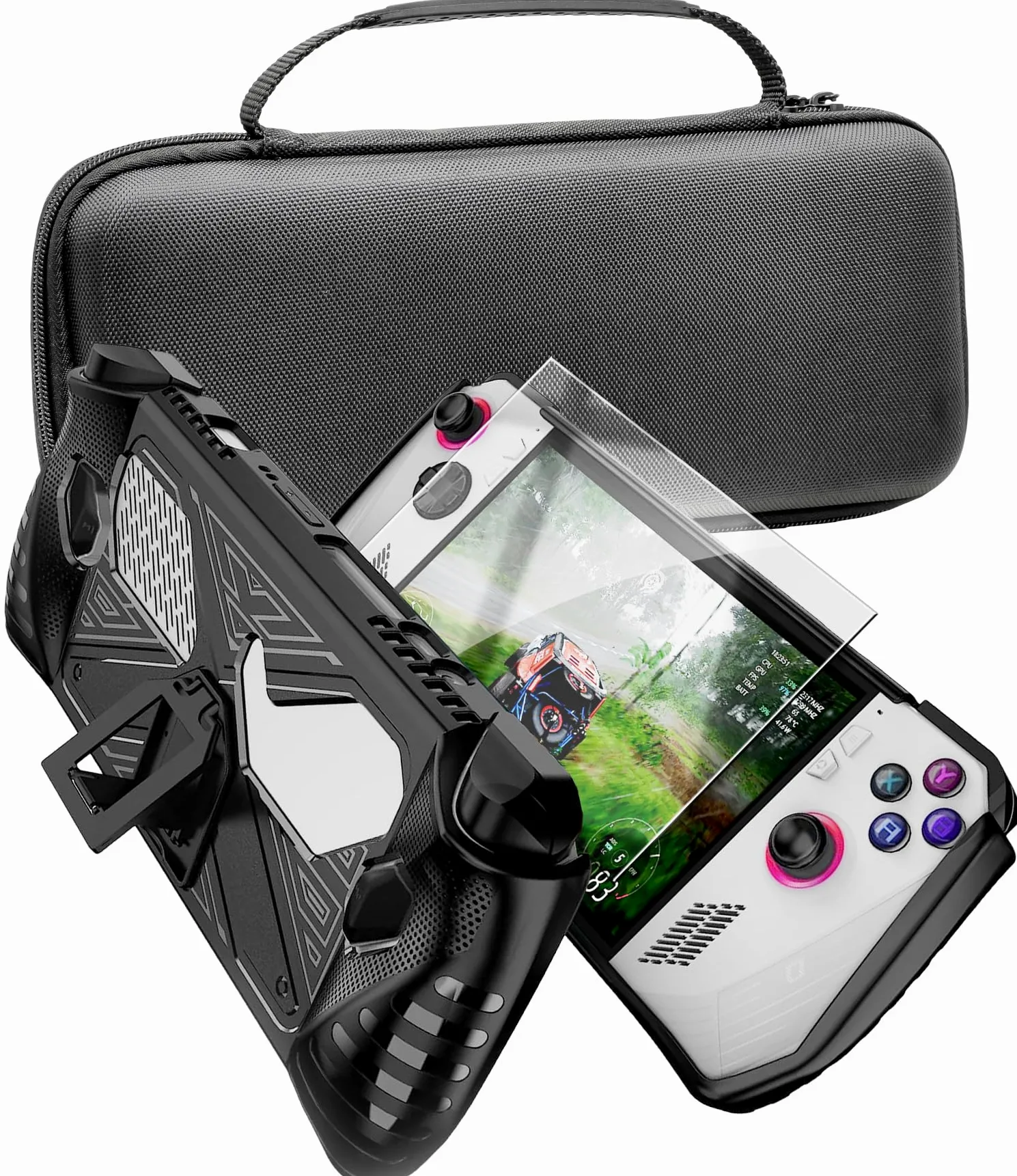ENCASED Set di Accessori per Asus ROG Ally – Cover Portatile con Cavalletto, Custodia Rigida per il Trasporto e Pellicola Vetro Temperato Protettiva (Nero)