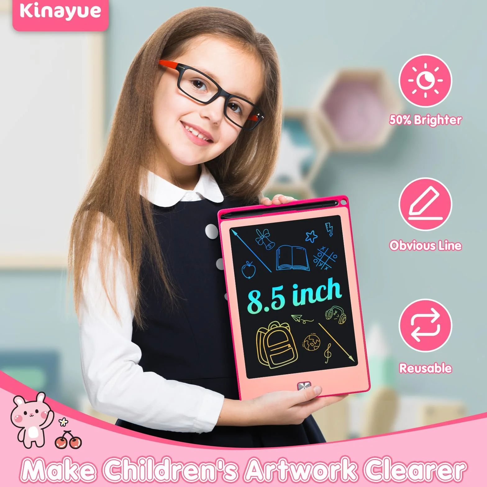 Tavoletta Grafica Bambini LCD 8,5 pollici Lavagnetta Cancellabile Riutilizzabile Rosa