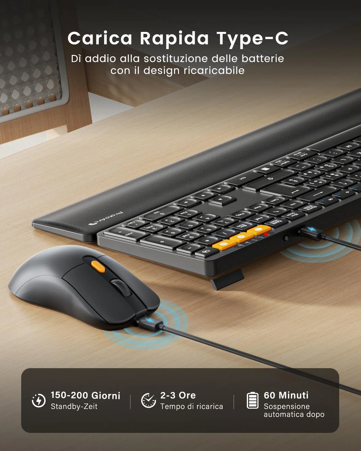 ProtoArc Tastiera e Mouse Wireless Bluetooth, KM60 Full-size Tastiera PC con Poggiapolsi, Ricaricabile, 2,4 GHz + 2*Bluetooth, per Laptop, Mac, Windows, Italiano QWERTY - ‎Nero