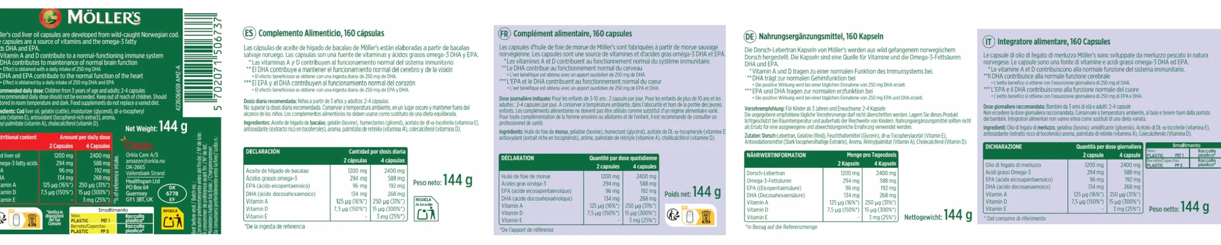 Möller’s Capsule olio di fegato di merluzzo Omega 3 DHA EPA vitamine A D E 160 pezzi