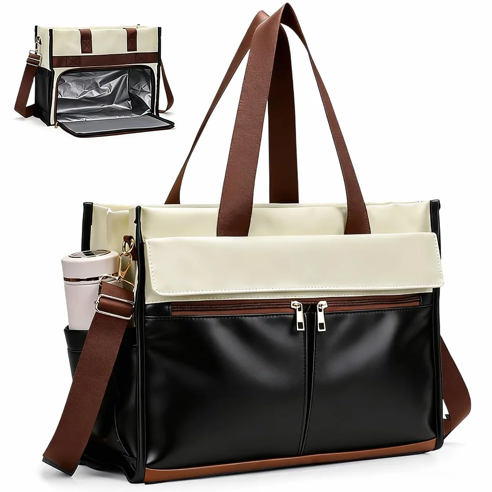 Newou - Borsa per il pranzo da donna, 15,6 pollici, con scomparto per il pranzo isolato, 2 in 1, con scomparto frigorifero, impermeabile, per ufficio, scuola, insegnante, regalo (bianco e nero