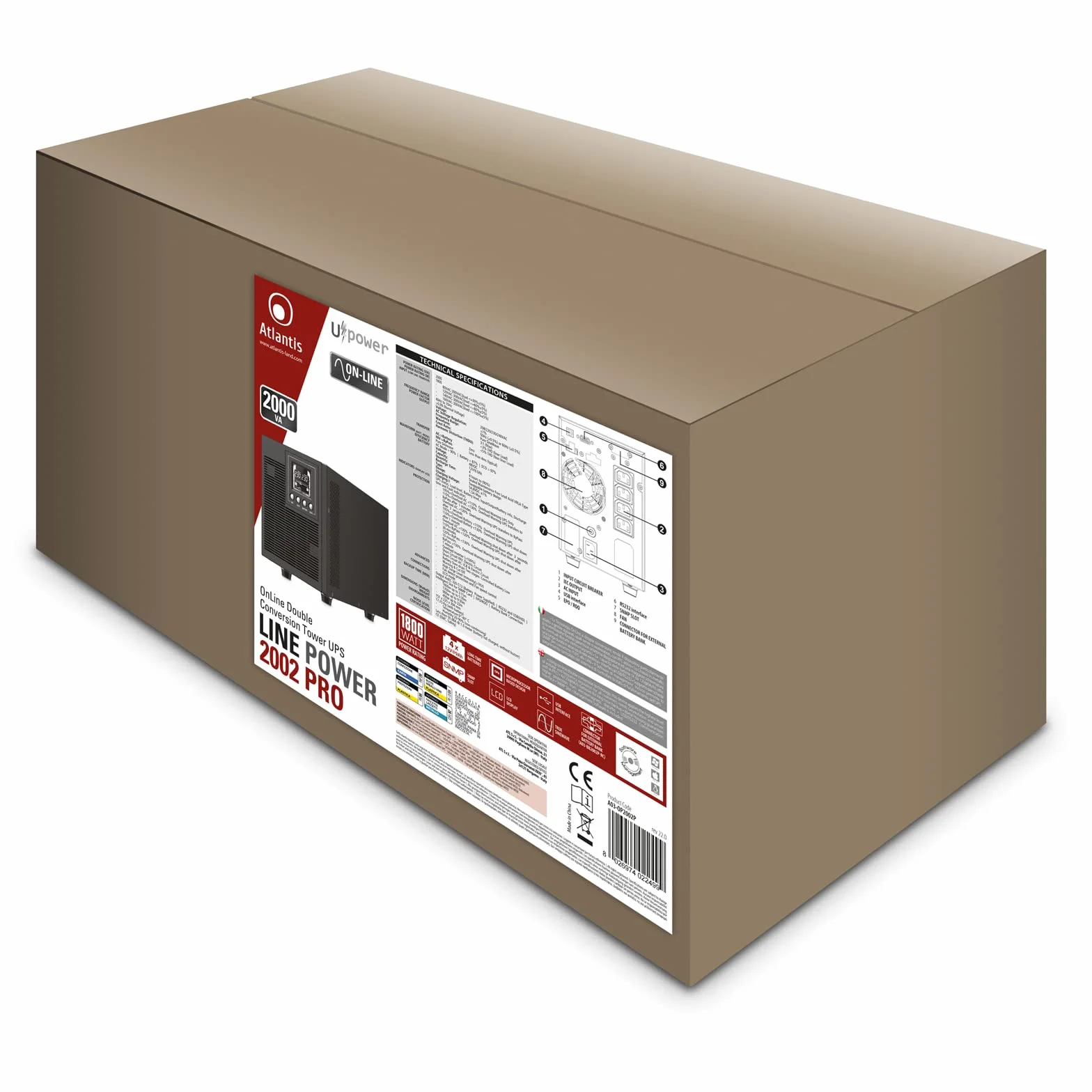 Atlantis A03-OP2002P PRO UPS OnLine Gruppo di Continuità Server Doppia conversione Onda Sinusoidale Pura 2000VA 1800W, Tower, display LCD, USB, seriale RS-232, 4 uscite IEC, slot SNMP, 4x12V-9Ah