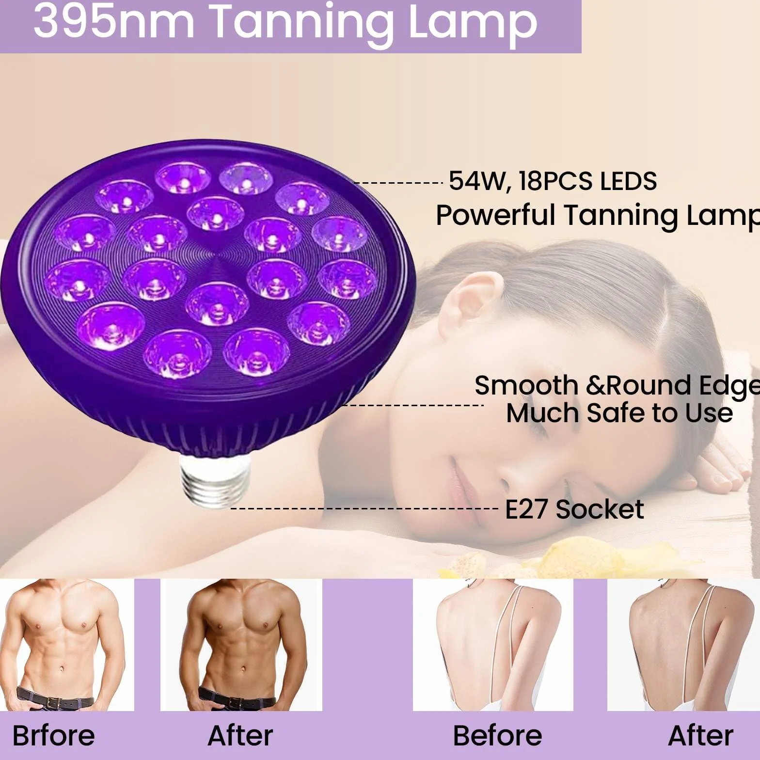 Lampada abbronzante 54W LED per viso e corpo con supporto regolabile, luce viola 180°