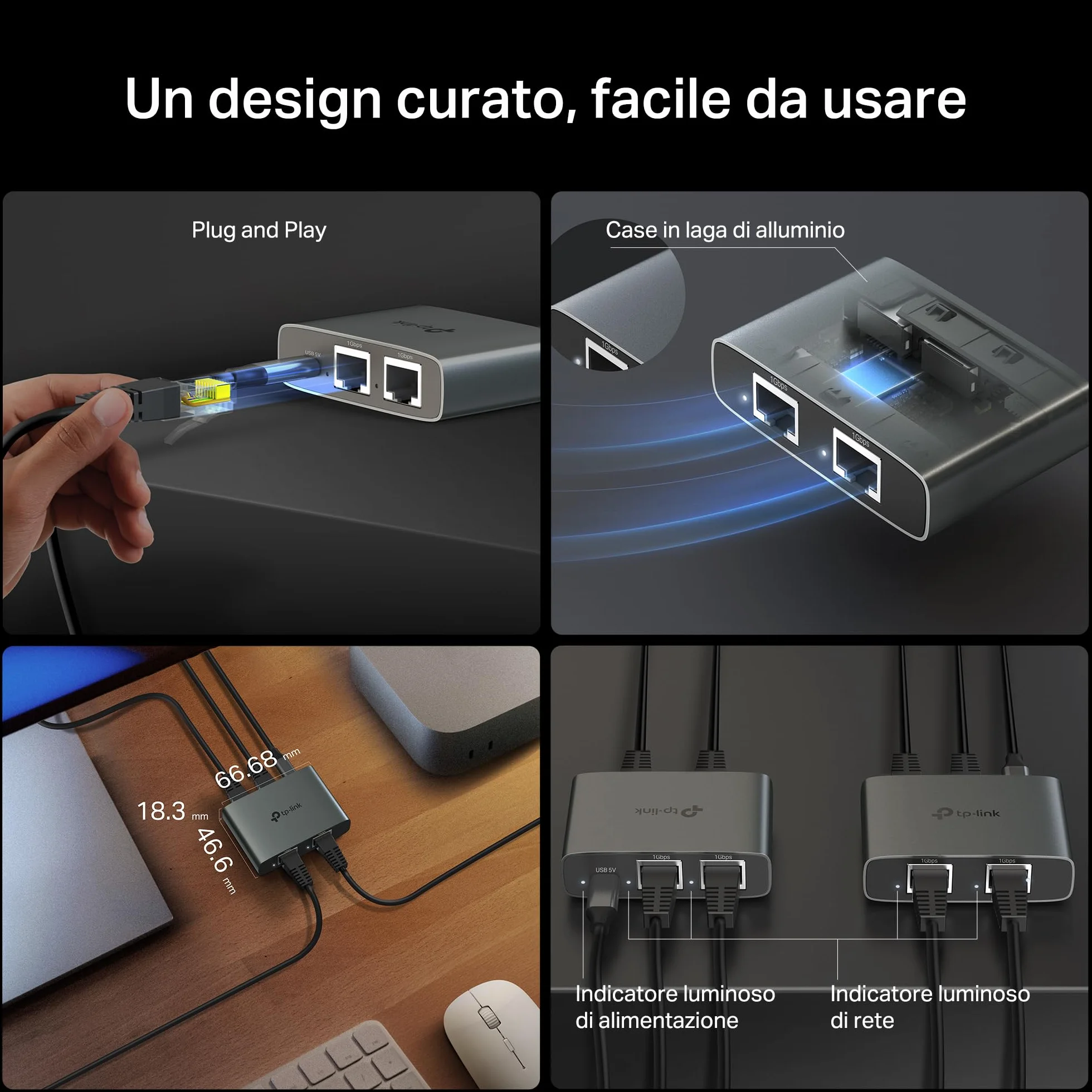 TP-Link EH310 Sdoppiatore Ethernet Gigabit, Velocità Gigabit 1000 Mbps da 1 a 3, Compatibile con Cavi Ethernet di Cat 8/7/6/5e/5, Involucro in Leghe di Alluminio, Plug&Play