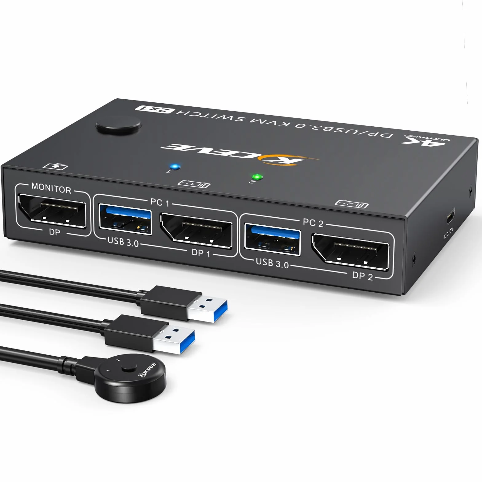Switch KVM USB3.0 Displayport 2 porte 4K@144Hz, Switch KVM 2 PC 1 monitor 8K@30Hz con 4 porte USB3.0 per 2 PC condivisi 1 monitor e tastiera, mouse, stampante, con telecomando via cavo e 2 cavi USB3.0