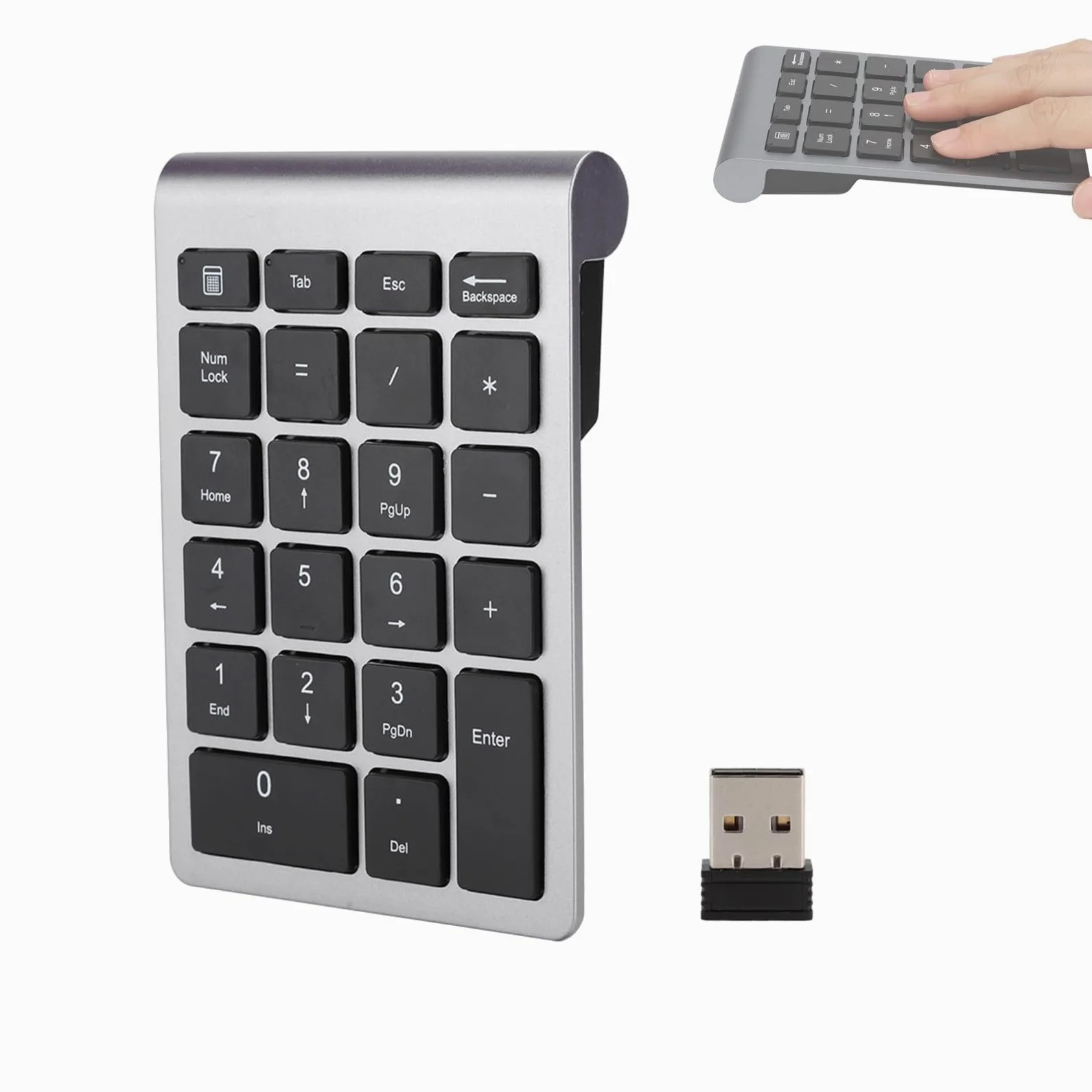 Zunate Tastierino numerico senza fili, tastierino numerico a 22 tasti con ricevitore USB, tastiera portatile da 2,4 g per numeri di contabilità finanziaria, per notebook, laptop (ferro grigio)