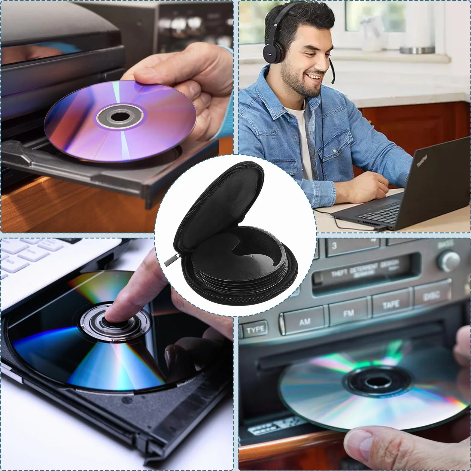 Supporto per CD/DVD nero per 20 dischi, custodia portatile per auto, casa, viaggi, organizer compatto con chiusura lampo sicura