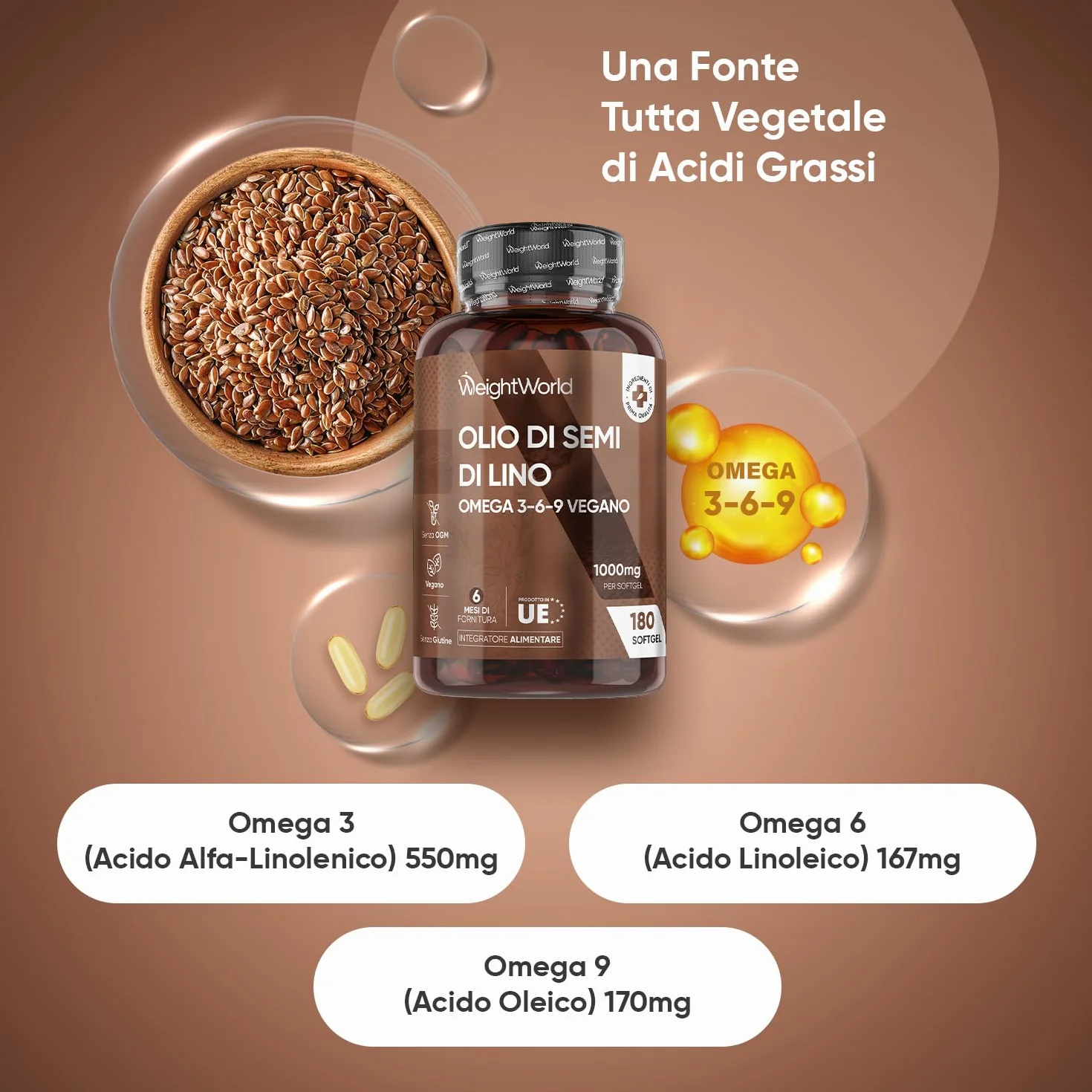 Olio di Semi di Lino Softgel Vegane Omega 3 6 9, 1 al Giorno, 6 Mesi di Scorta, Senza Glutine e OGM