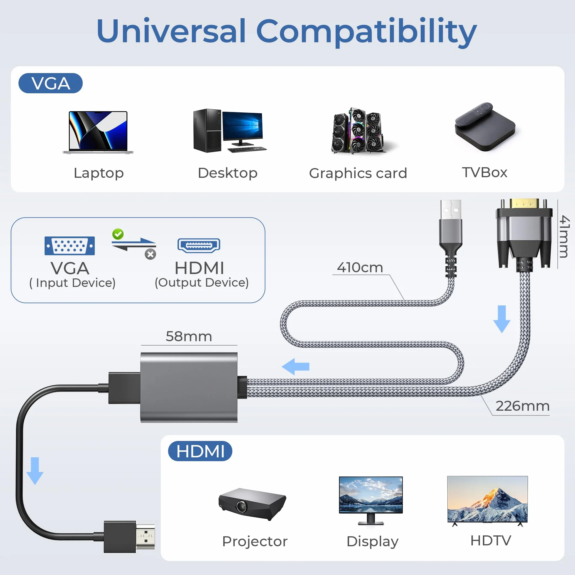 Elebase Adattatore VGA a HDMI,1080P con Audio, Converter Adapter VGA Maschio a HDMI Femmina Connettore per Computer/Laptop/Desktop/PC a TV/Monitor/HDTV/Proiettore