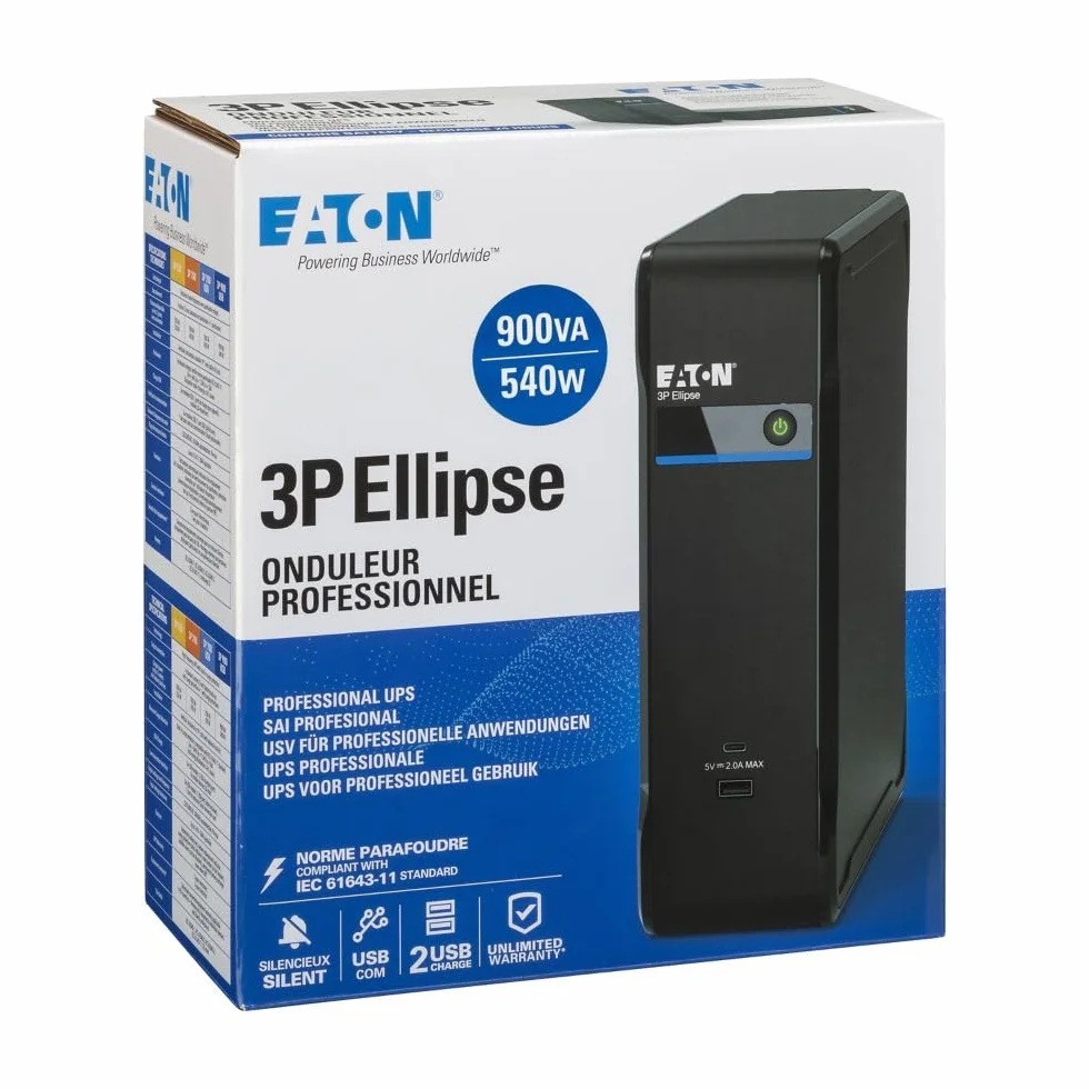 Eaton Ellipse 3P900UD UPS – Gruppo di Continuità Off-Line – 900VA/540W – Presa DIN – USB Tipo A & C (4 prese con batteria + sovratensioni, 4 solo sovratensioni, software di spegnimento)