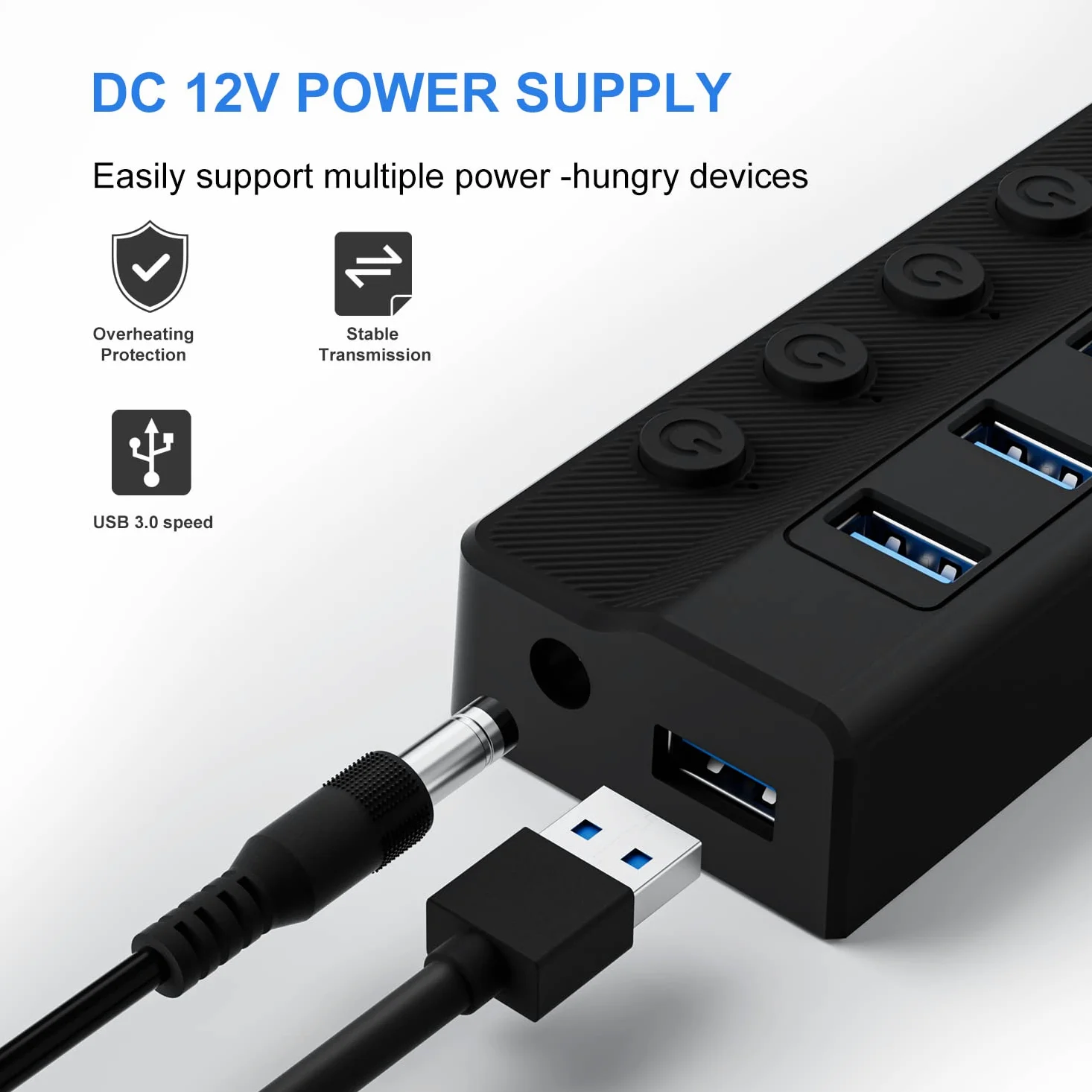 ONFINIO Hub USB 3.0, hub splitter USB a 10 porte con interruttori on/off individuali e adattatore di alimentazione 12V/2A estensione USB