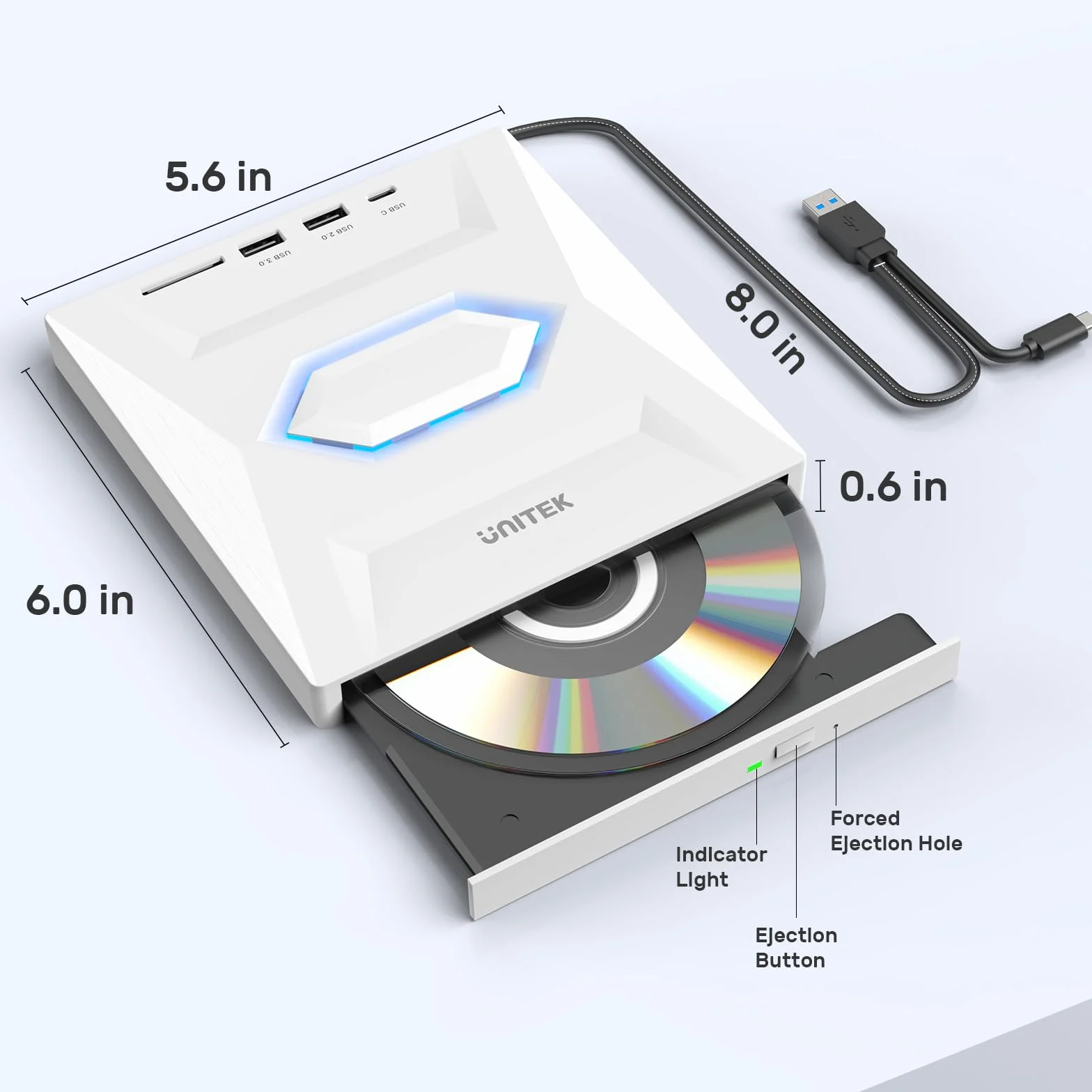 UNITEK Unità CD DVD esterna USB C portatile: lettore CD/DVD +/-RW, hub USB 3.0/2.0/C, slot schede SD, compatibile con Windows, Linux, MacOS, per laptop e desktop