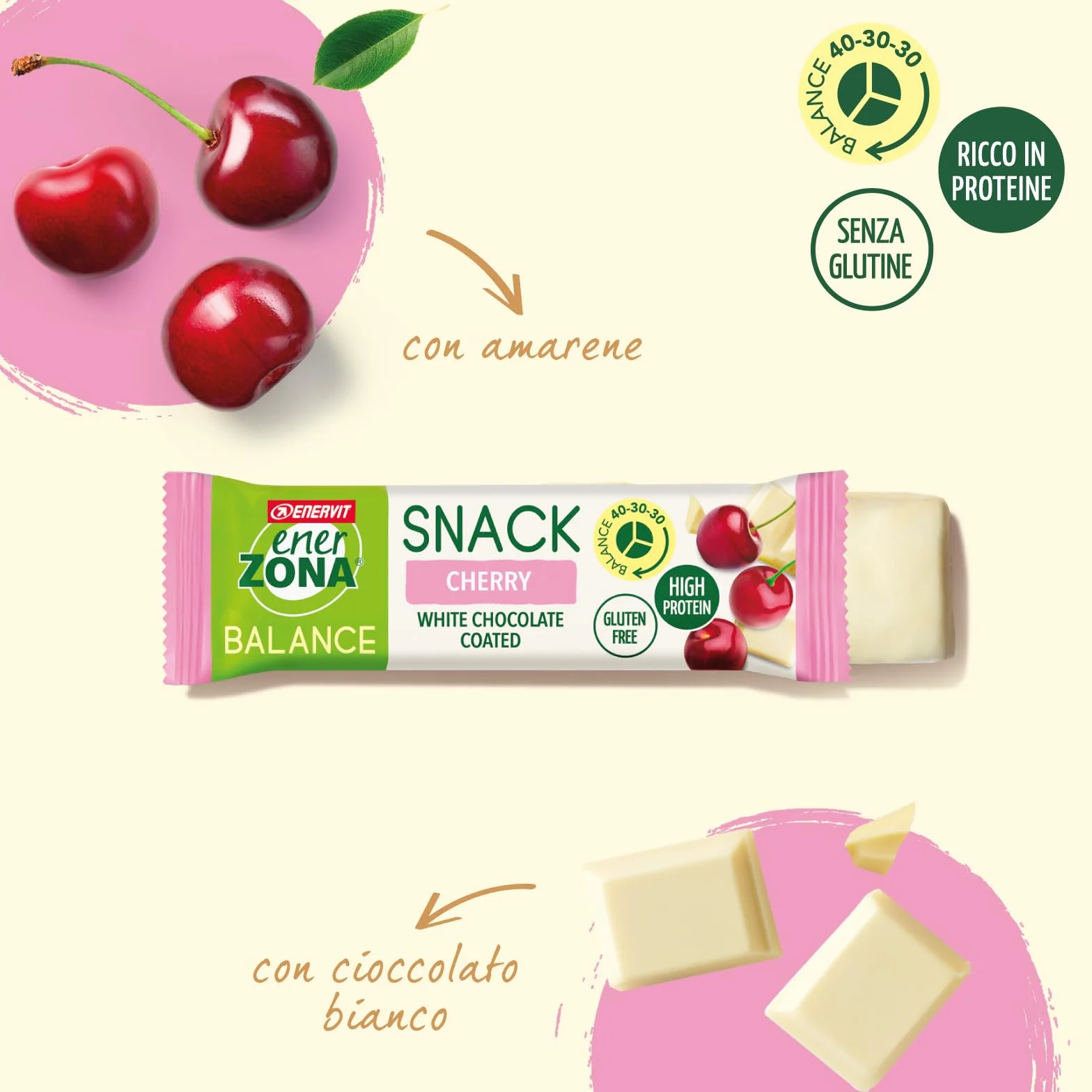 Enerzona Snack 40-30-30 Confezione 30 Barrette Gusto Amarena Copertura Cioccolato Bianco
