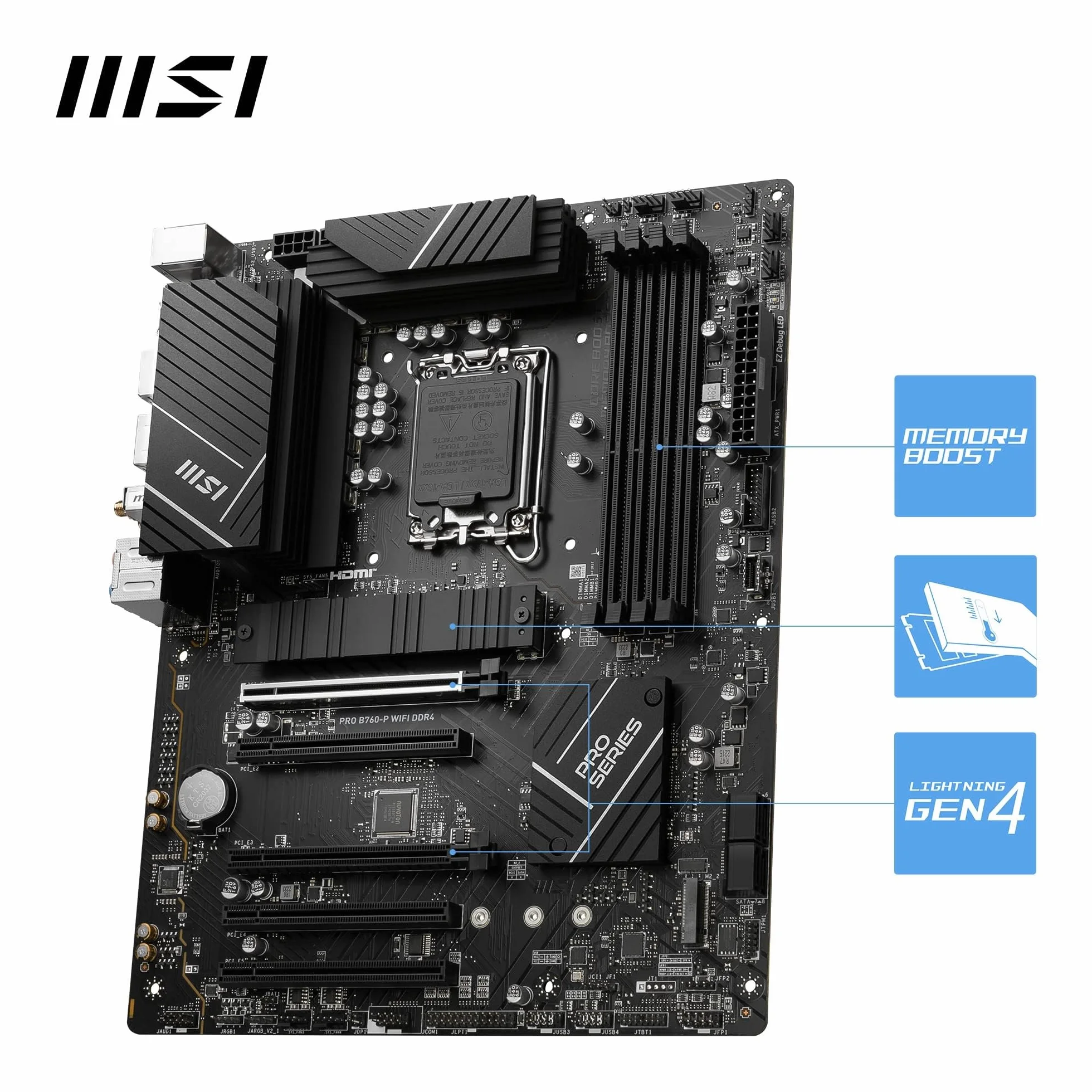 MSI PRO B760-P WIFI DDR4 Scheda Madre ATX - Supporta Intel 12° & 13° Gen, LGA 1700 - DDR4 Memory Boost 5333+MHz/OC, PCIe 4.0 x16 Slots, M.2 Gen4 Slots, 2.5G LAN, Wi-Fi 6E