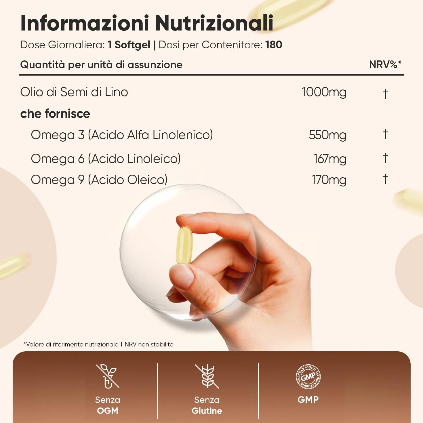 Olio di Semi di Lino Softgel Vegane Omega 3 6 9, 1 al Giorno, 6 Mesi di Scorta, Senza Glutine e OGM