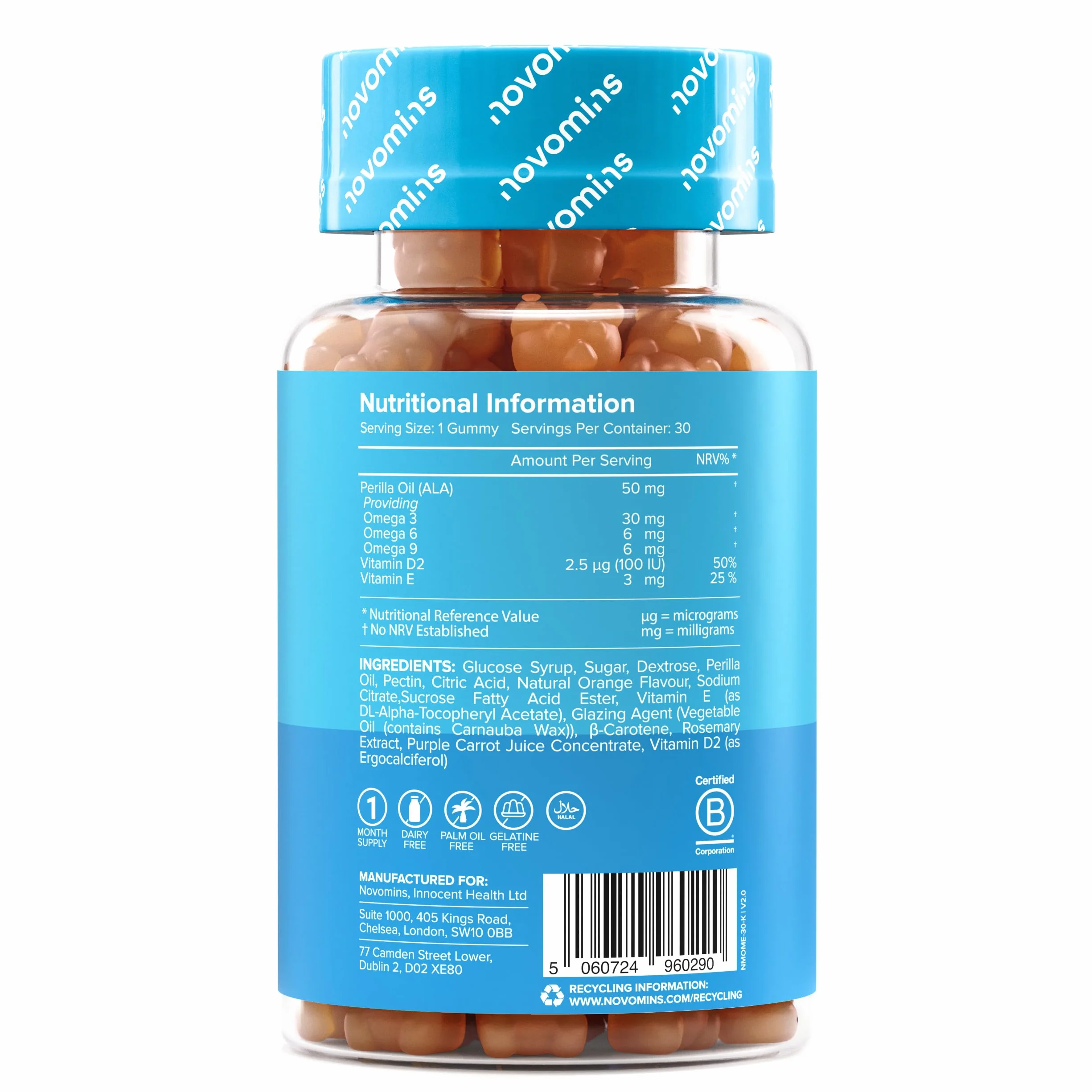 Novomins Omega 3 6 9 Vegan Gommose per Bambini con ALA Olio di Perilla 50mg Vitamine D ed E 30 Gusto Arancia