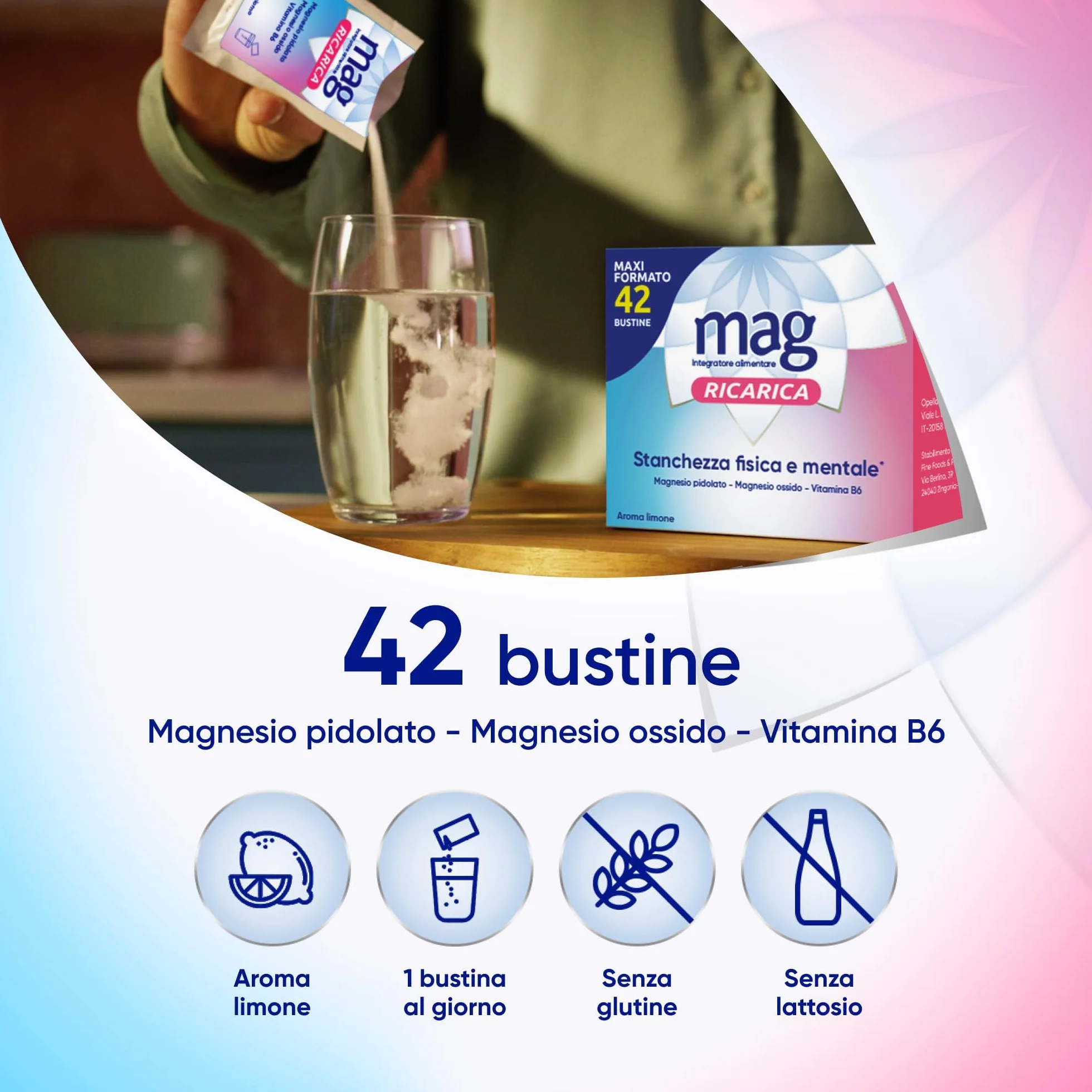 Magnesio Pidolato e Ossido con Vitamina B6 Integratore per Stanchezza Fisica e Mentale - MaxiFormato 42 Bustine Aroma Limone
