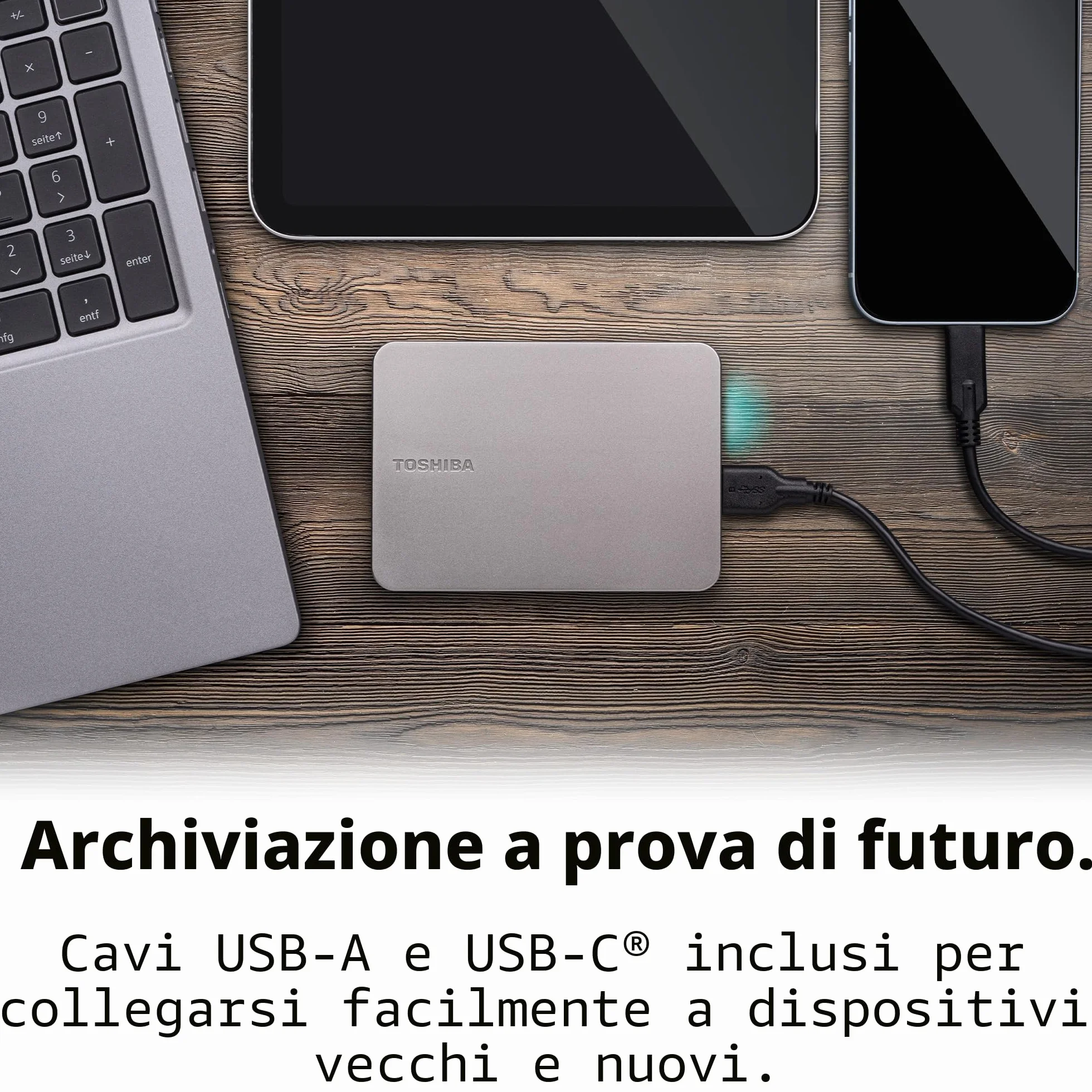 Toshiba Canvio Flex 2TB – Hard disk esterno portatile da 2,5'' (HDD) per Mac, PC Windows, smartphone e tablet, compatibile con la maggior parte dei dispositivi USB-C e USB-A, argento caldo