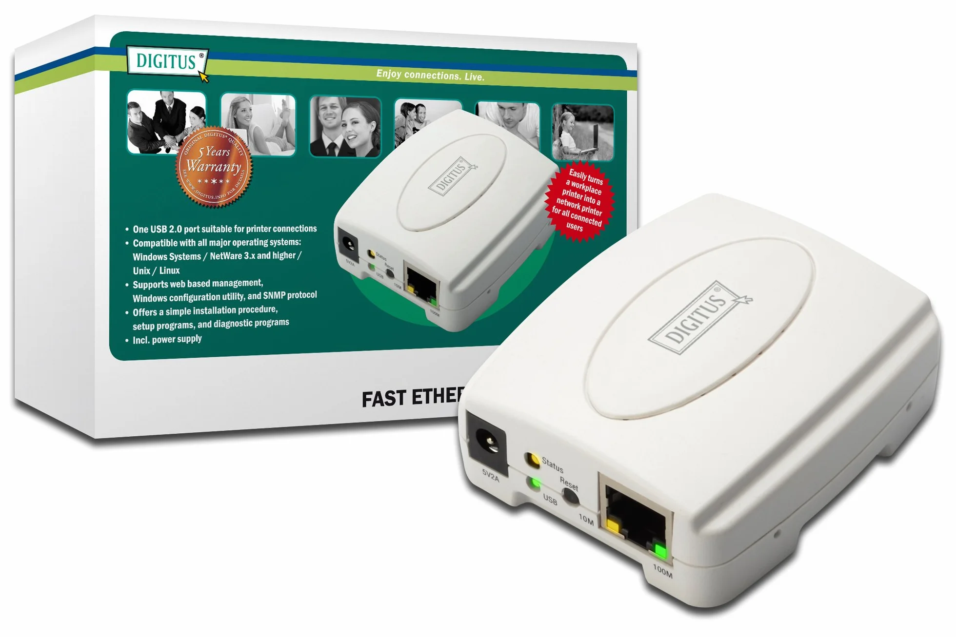 Digitus DN13003 Print Server USB 1 Porta - Connettore Rj45 Femmina e USB A Femmina