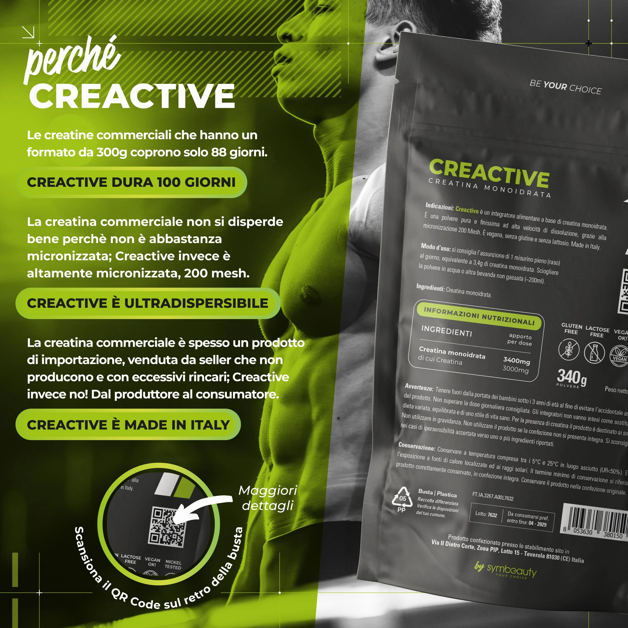 Symbeauty Creatina Monoidrata 100 dosi 340g Polvere Rapido Scioglimento Pre Workout Pura Micronizzata