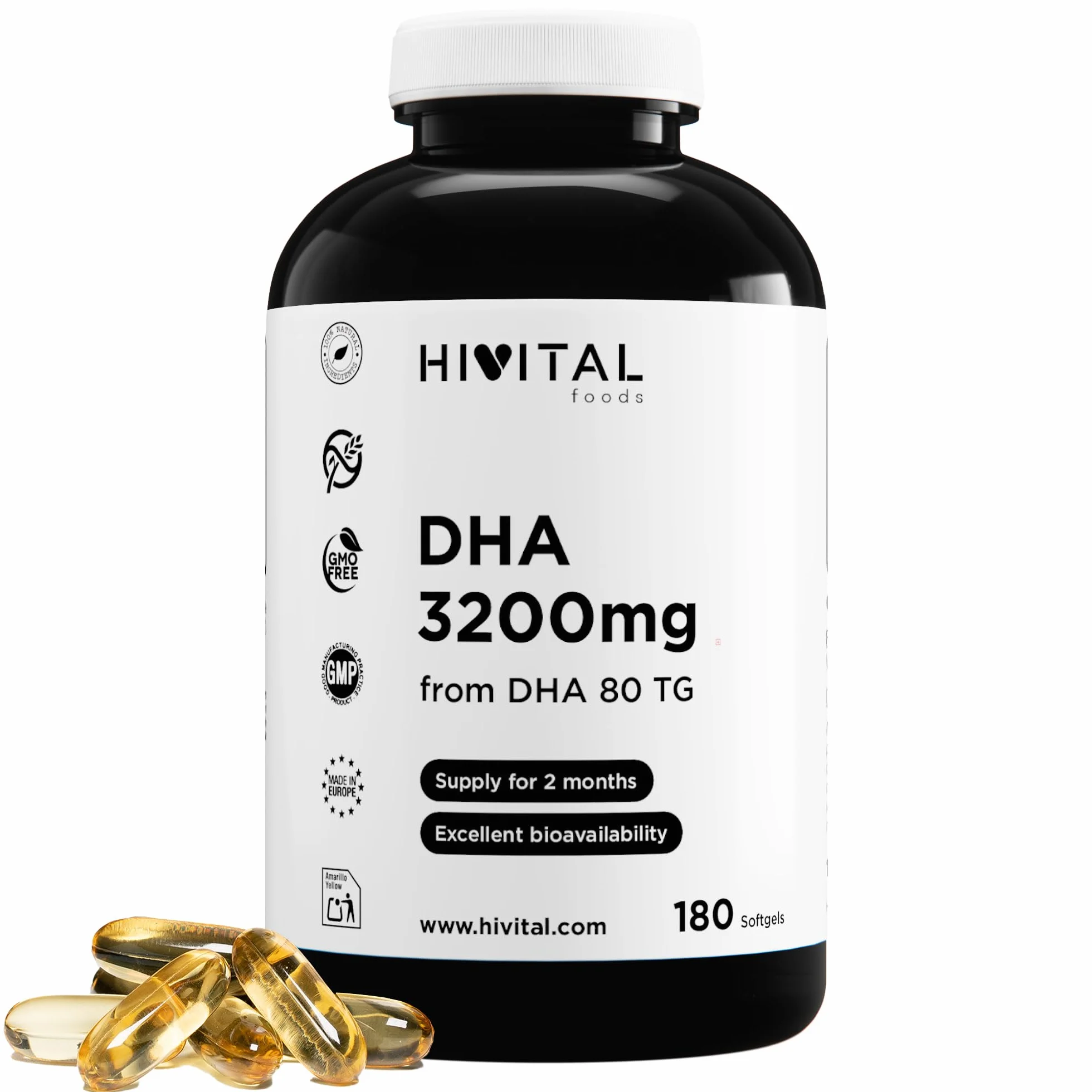HIVITAL DHA 3200 mg 180 capsule Olio di Pesce Naturale Trigliceridi Senza Glutine Non OGM