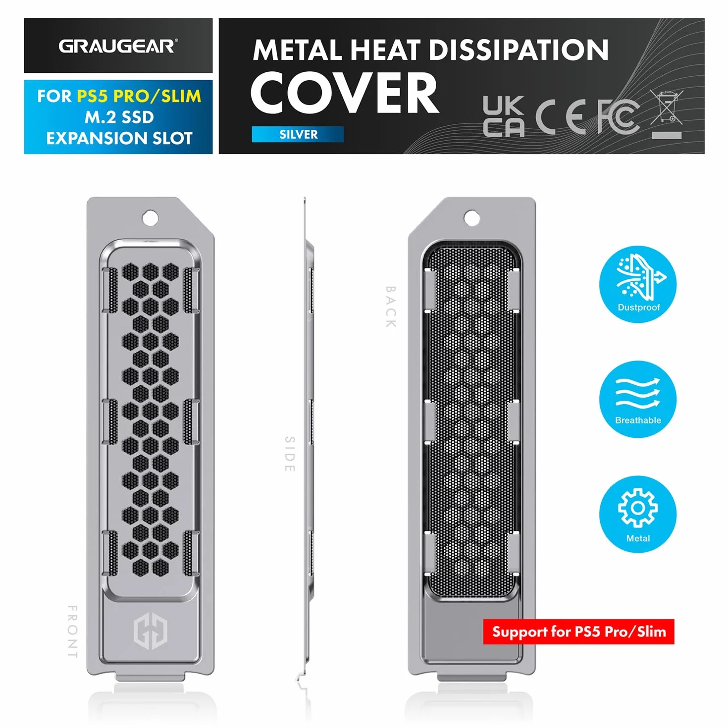GRAUGEAR Copertura in metallo per dissipazione del calore per slot di espansione SSD M.2 sottile per PS5 Pro PS5 | Adatta per SSD PS5 NVMe con dissipatore di calore, nuovo foro cellulare traspirante