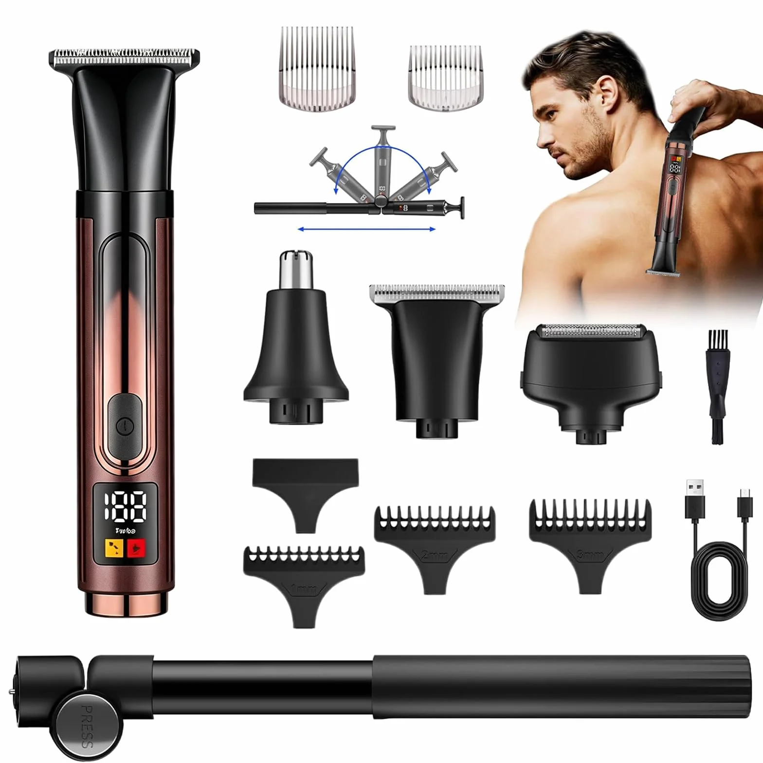 Rasoio Corpo Uomo 5in1 IPX7 Impermeabile Manico Telescopico 50cm Luce LED Lame Anti-Taglio 2 Velocità Turbo