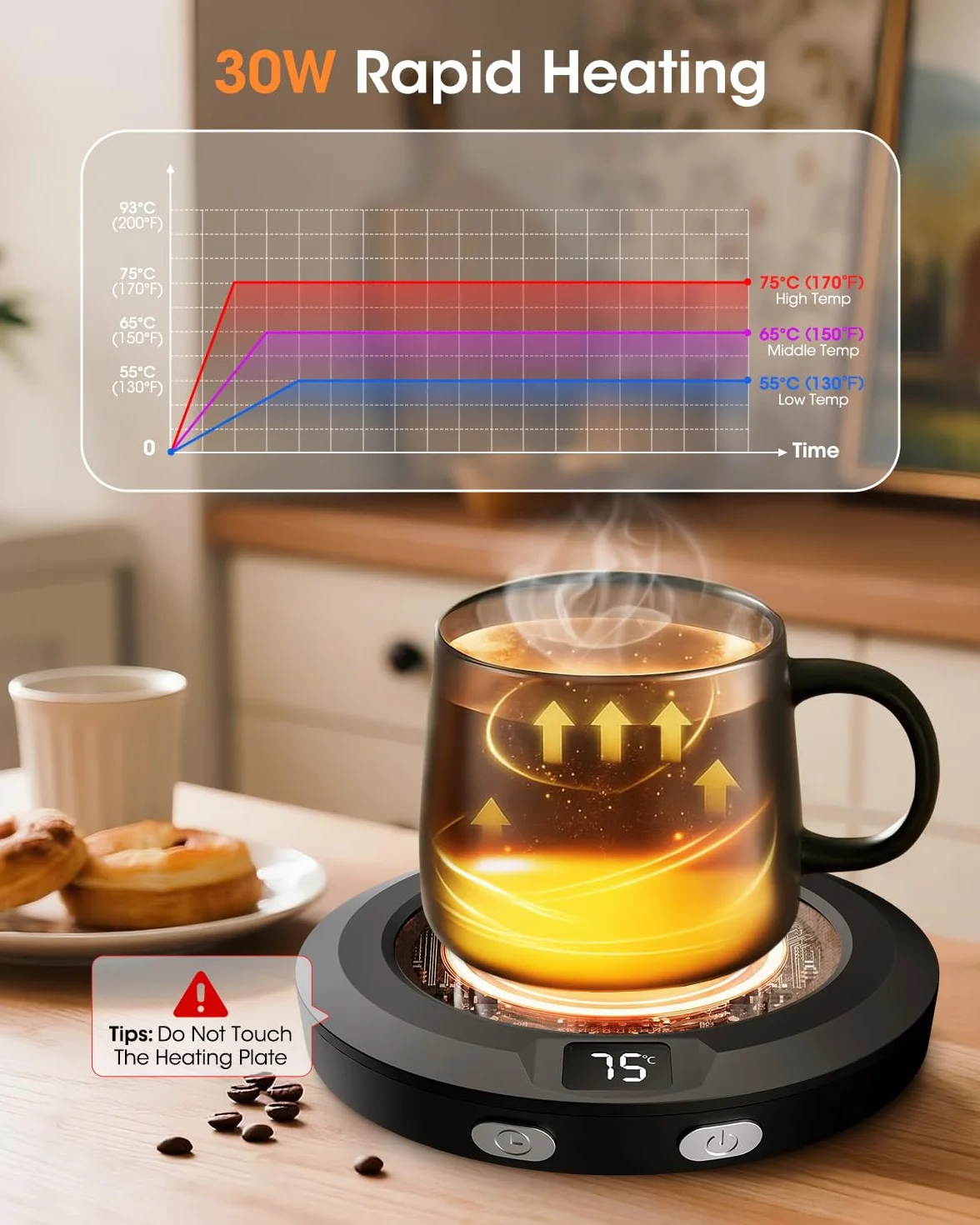 Scalda Tazza, Scalda Tazza usb da Scrivania con 3 Impostazioni Temperatura, Scaldatazza con Spegnimento Automatico 2-12h, Scalda Tazzine da Caffè per Latte, Tè, Acqua (nero)