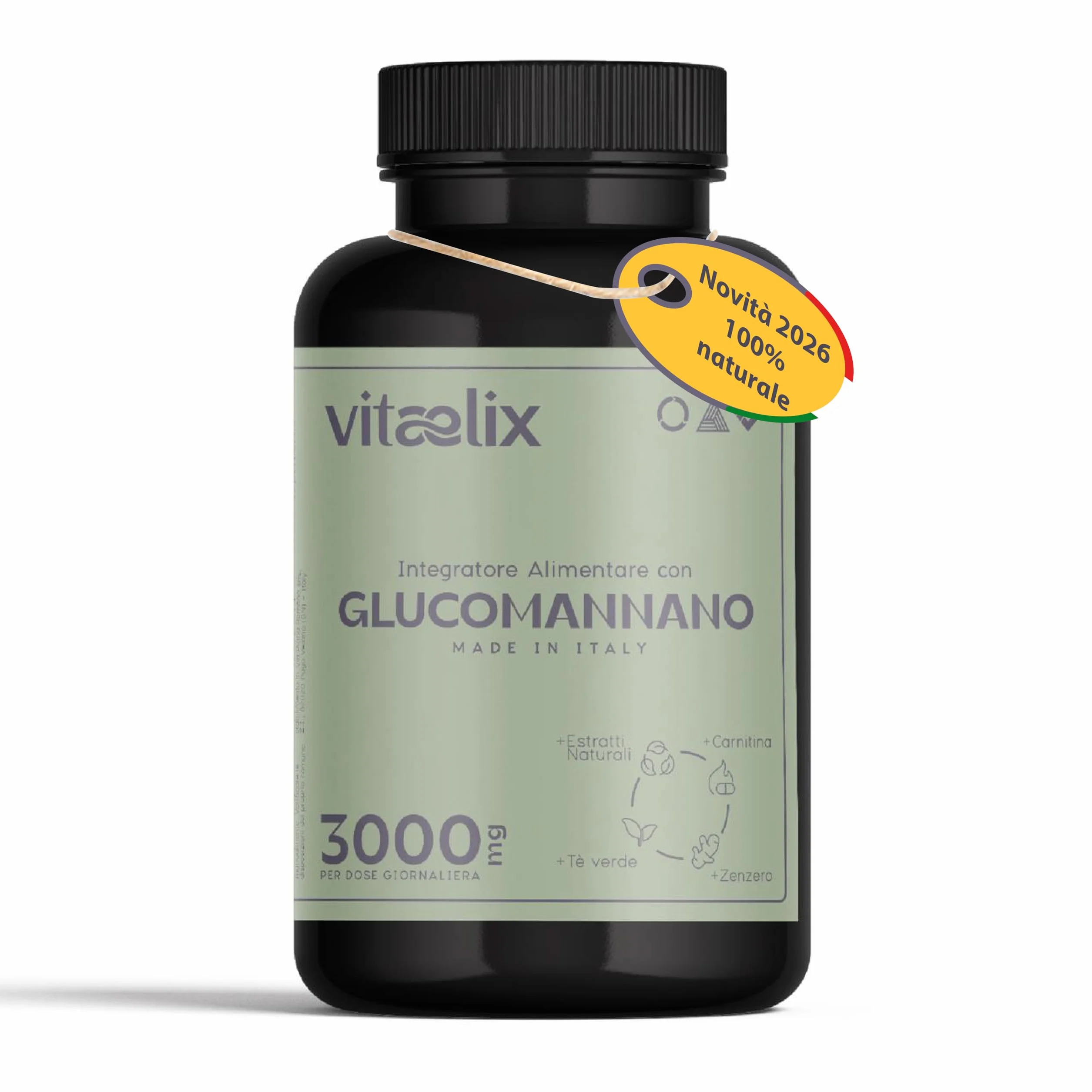 Glucomannano Forte 3000 Mg 120 Capsule Integratore Alimentare con Inulina, Carnitina, Zenzero, Ginseng, Tè Verde, Magnesio - Vitaelix®