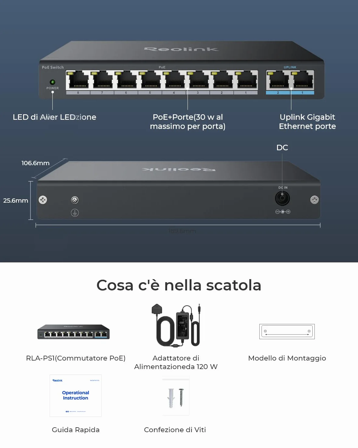 Reolink Switch PoE con 8 Porte PoE, 2 Porte Uplink Gigabit, Fino a 120 W Totali per Porte PoE, IEEE 802.3af/at, Ideale per NVR e Telecamere Ethernet, Design Senza Ventola, RLA-PS1