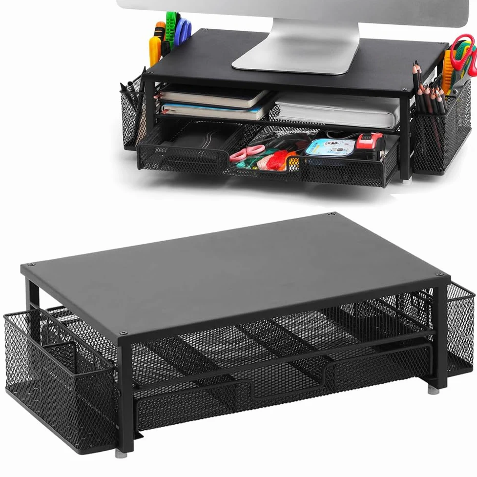 Supporto per monitor con cassetto, monitor per computer a 2 livelli con cassetto e 2 portapenne, organizer da scrivania e accessori, supporto ergonomico per accessori da ufficio (nero)