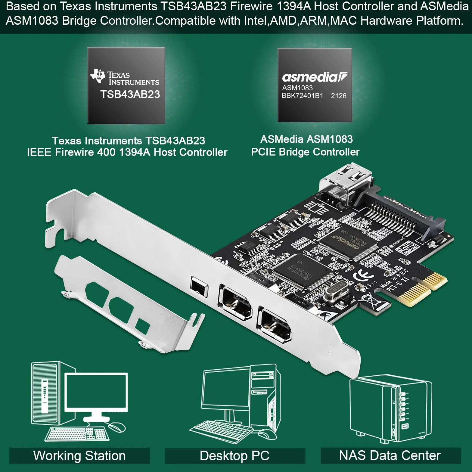 Scheda di espansione PCIE Firewire 400 1394A a 4 porte, Texas Instruments TI TSB43AB23, Plug and Play su PC desktop Windows e MAC, 3 porte a 6 pin e 1 x 4 pin 1394 A, velocità massima 400