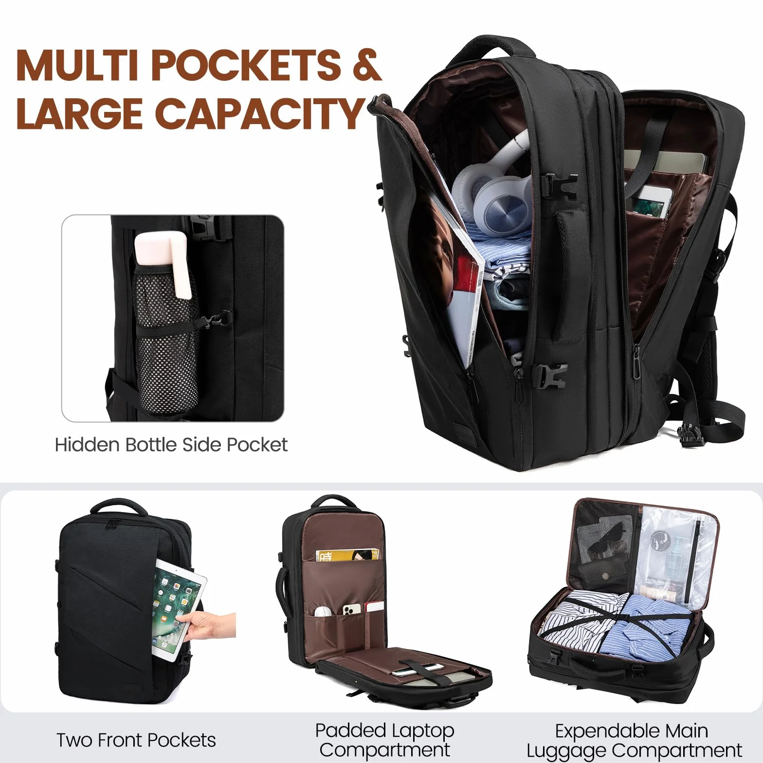LOVEVOOK Zaino da Viaggio Cabina 30L con Compartimento per Laptop 15,6 Pollici, Bagaglio a Mano per EasyJet e Ryanair, Nero