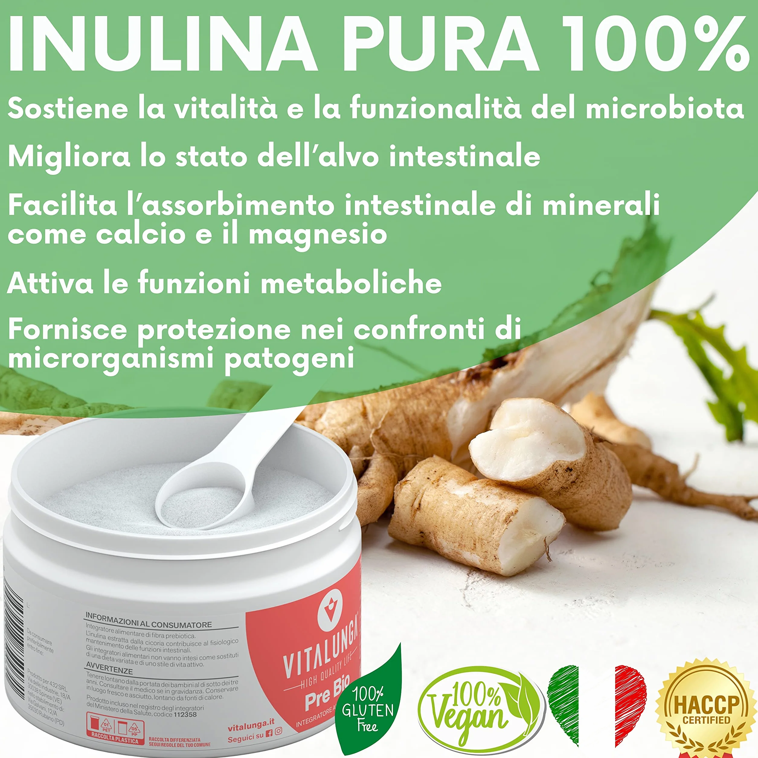 Inulina in Polvere 100% Fibra Prebiotica da Cicoria Vegan Senza Glutine 150g Vitalunga