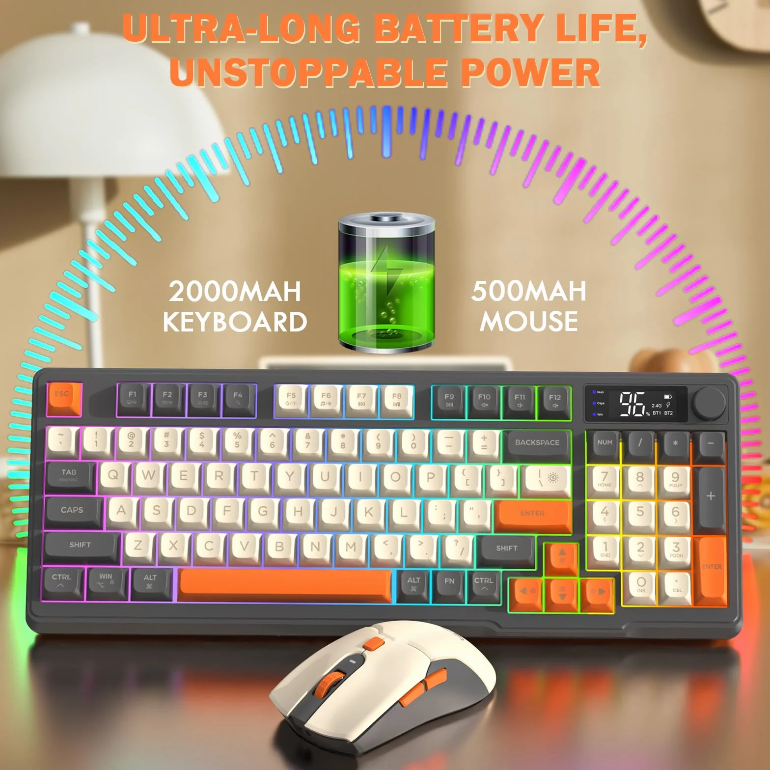 FREEWOLF T96 Tastiera e Mouse Wireless, Bluetooth & 2.4G, Tasti PBT, Manopola Multimediale, Schermo, Silenziosa, Anti-ghosting, US Layout, QWERTY, per Mac/Windows/Linux - Luccichio