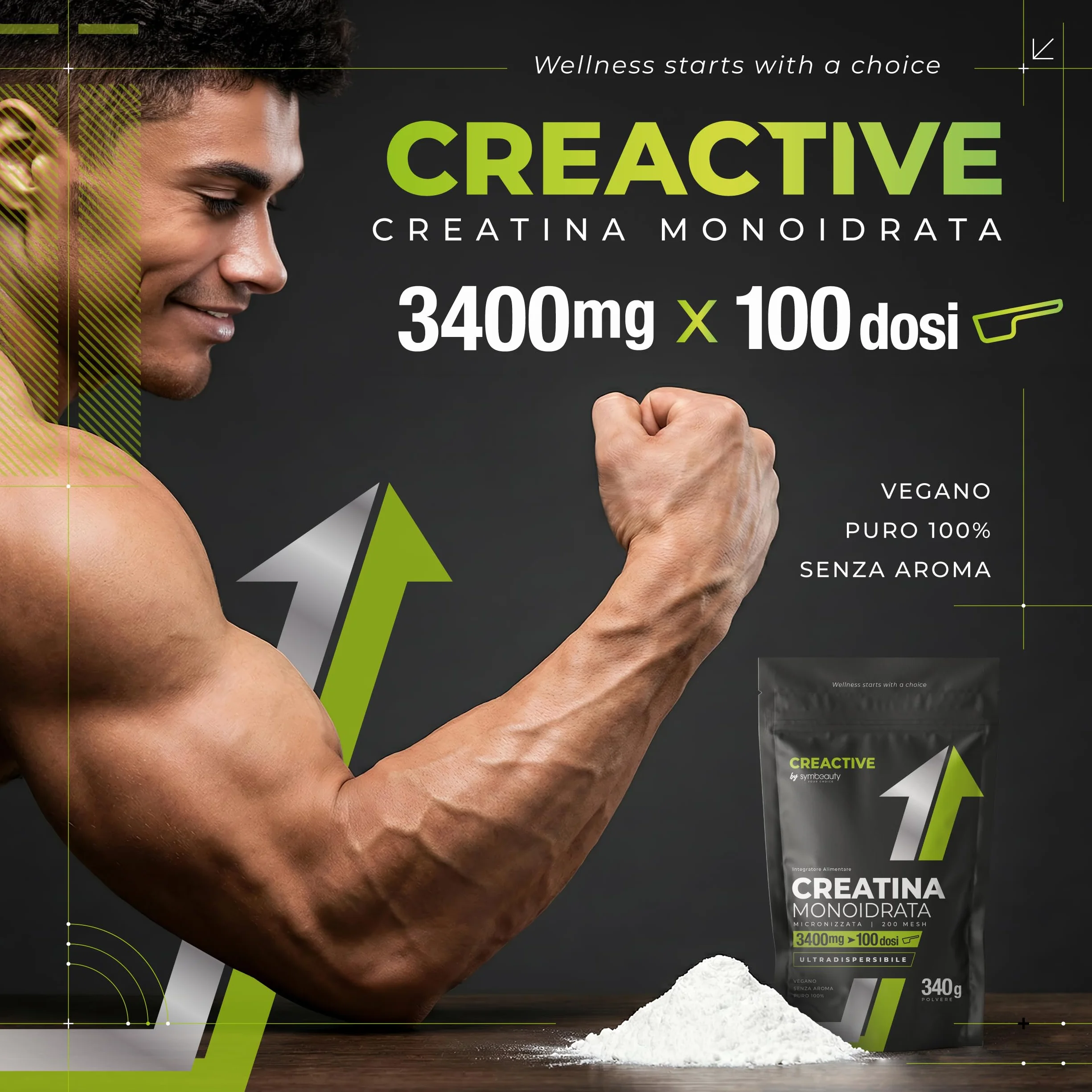 Symbeauty Creatina Monoidrata 100 dosi 340g Polvere Rapido Scioglimento Pre Workout Pura Micronizzata