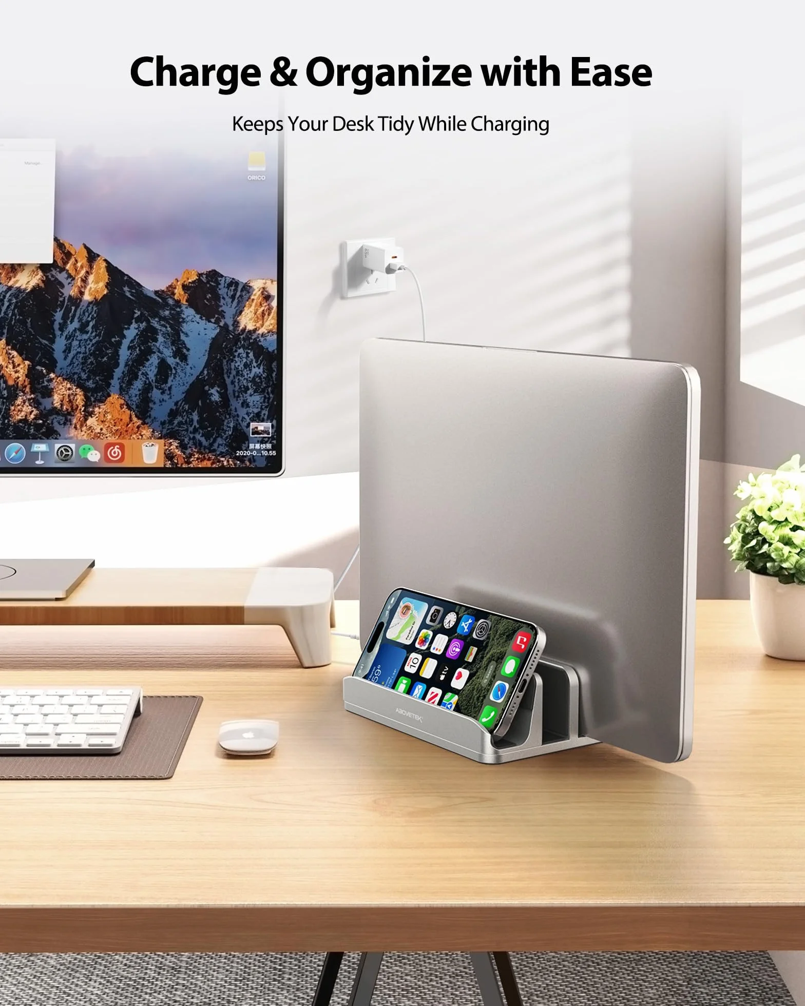 AboveTEK Supporto Laptop Verticale fino a 17,3 ", Porta per Laptop/Tablet/Cellulare 3 in 1 in Alluminio, Impugnature in Silicone Antiscivolo a 3 Slot per MacBook/Notebook/iPad/Telefono (Argento)