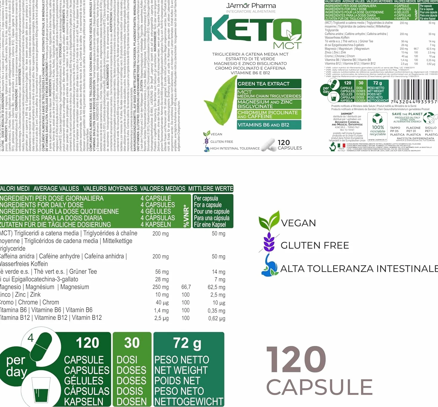 Integratore Brucia Grassi KETO Complex 120 Capsule Vegane con Tè Verde, Caffeina, Cromo, Zinco, Magnesio, Vitamine B6-B12