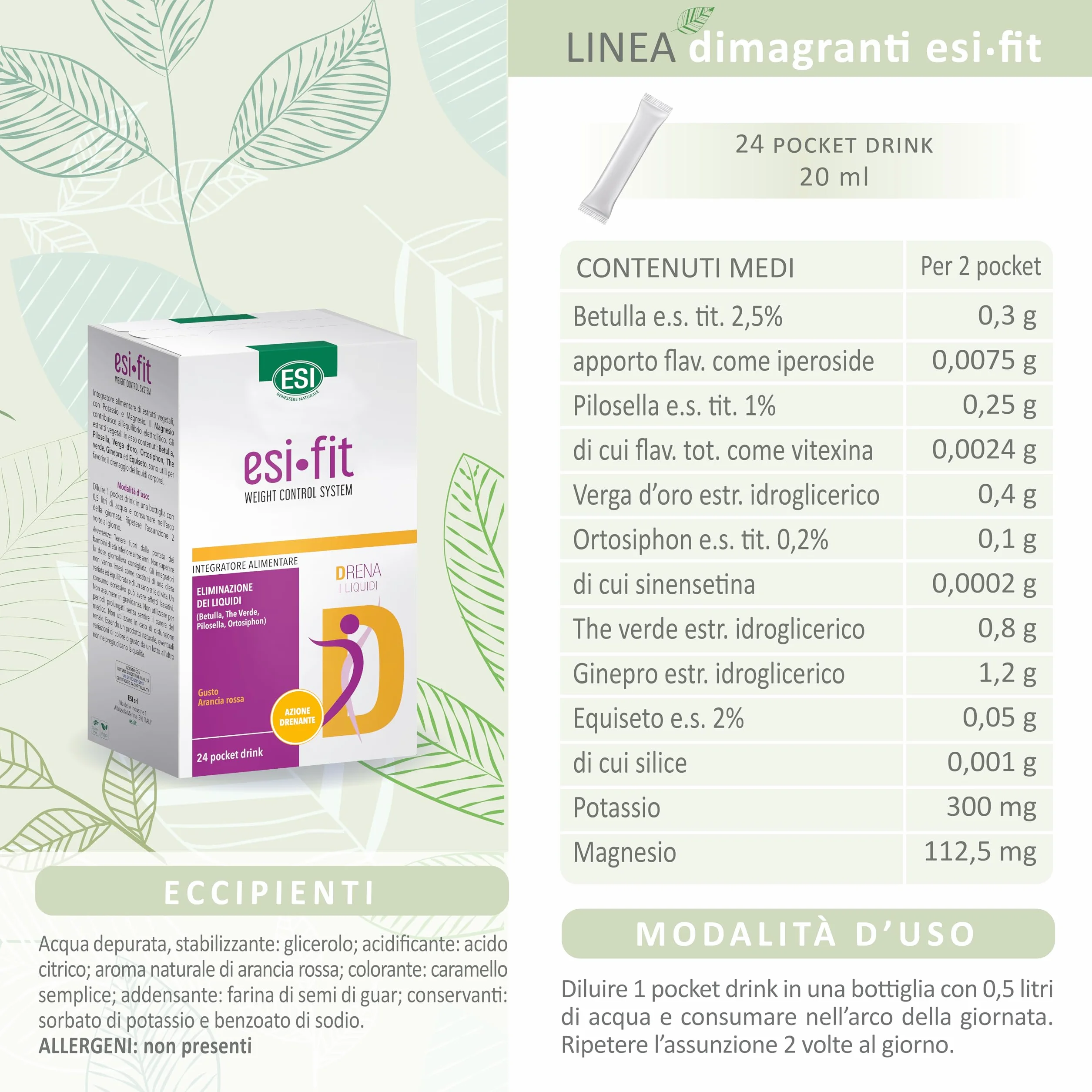 ESI Fit Drena Integratore Alimentare con Pilosella, Tè Verde, Potassio e Magnesio, 24 Pocket Drink
