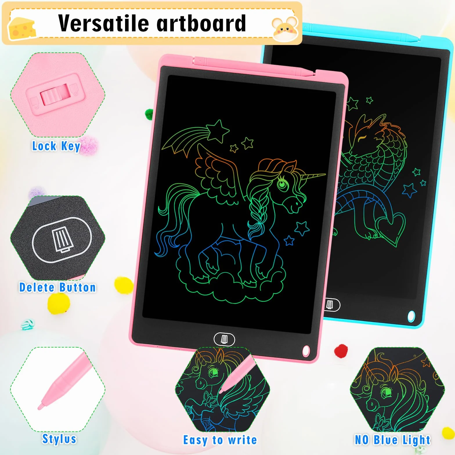 Tavoletta Grafica LCD 12 Pollici 2 Pezzi Schermo Colorato per Bambini 3-6 Anni Blu+Rosa