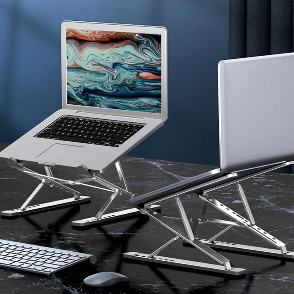 Supporto per Laptop Portatile Regolabile in Lega di Alluminio Argento | Struttura Pieghevole, Doppio Livello Dissipazione a Fori, Facile da Trasportare