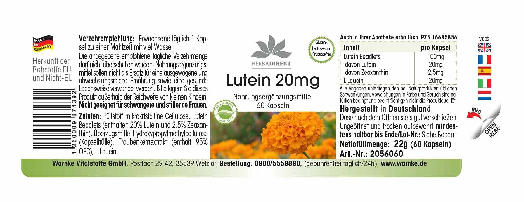 Luteina 20mg Microincapsulata 60 Capsule Vegan HERBADIREKT Warnke Vitalstoffe