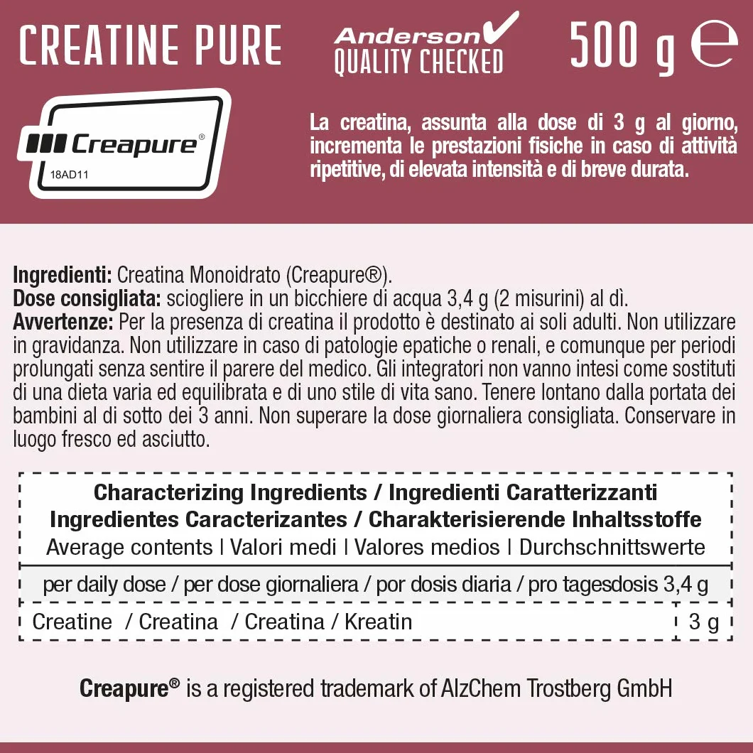 Anderson CREATINA MONOIDRATO PURA 100% Creapure® 500g Polvere Booster Absolute Series