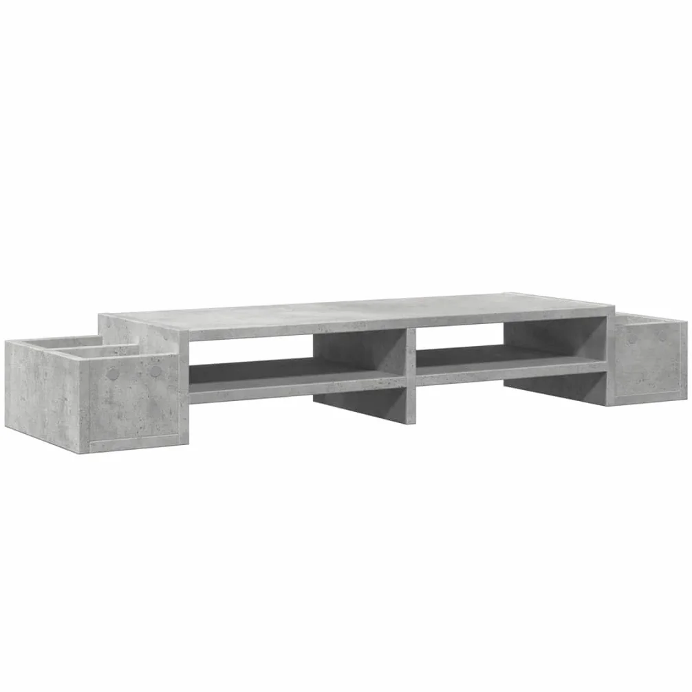 Supporto per monitor con vano portaoggetti, in legno grigio cemento, 100 x 27 x 15 cm, 4 scomparti, per scrivania per computer, scrivania, supporto per laptop, supporto per monitor, home