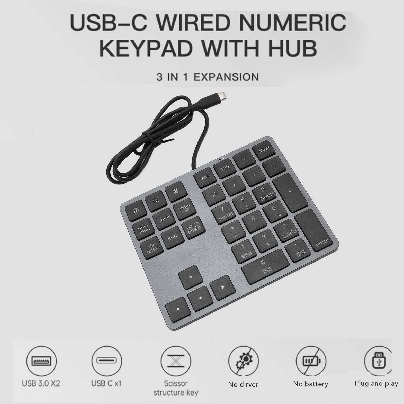 Tastierino Numerico Cablato Tastiera Esterna Sottile per Laptop e PC Desktop 34 Tasti Hub di Input Dati Efficiente USB C