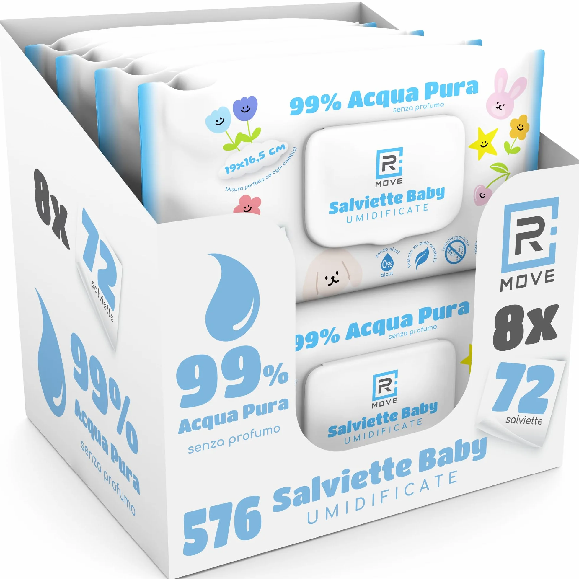 Acqua Pura salviette neonato umidificate 99% Acqua, 8x72 sztuk, Coperchio Salvafreschezza, idratanti, igienizzanti, rinfrescanti, mani e corpo