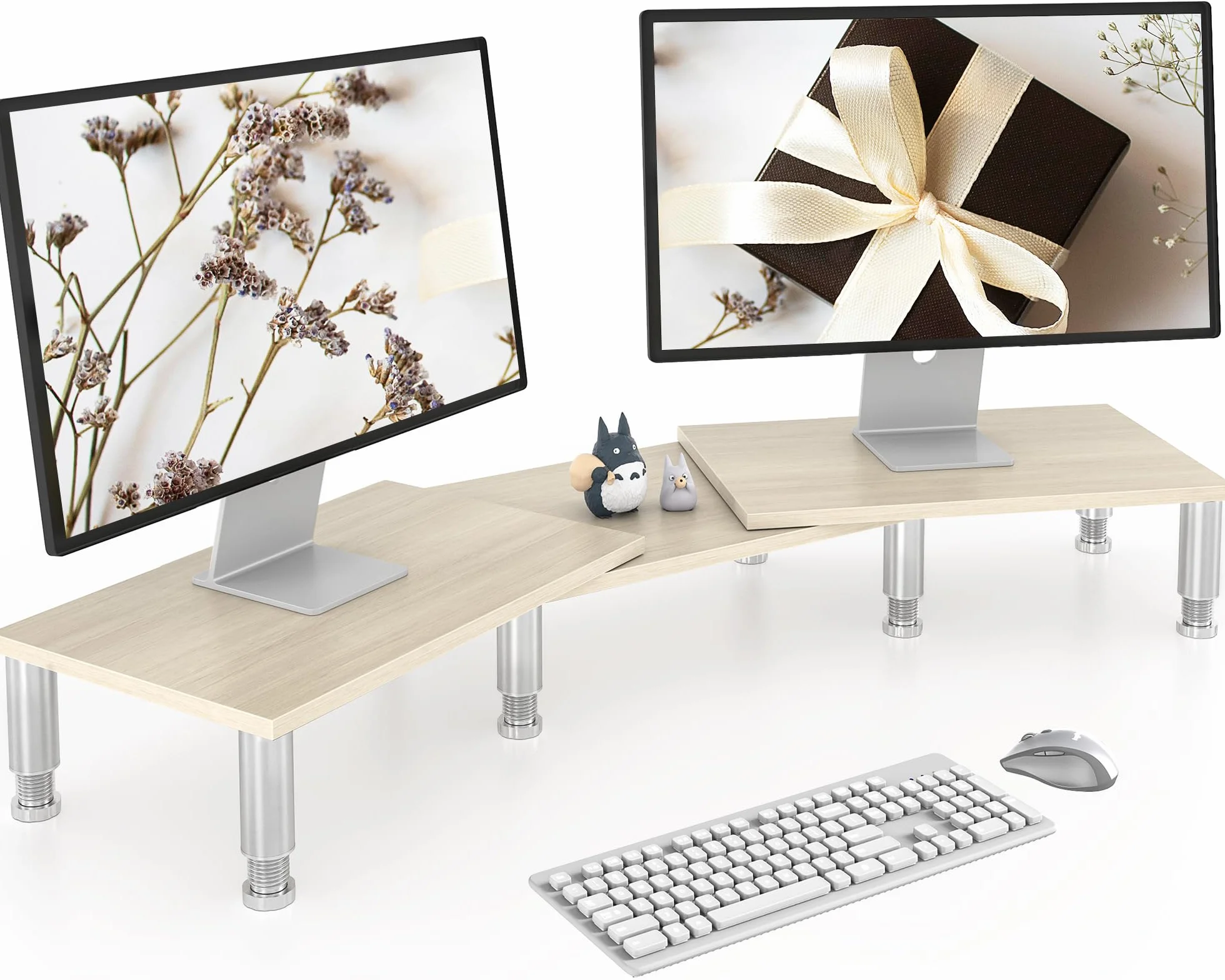AX WABER Supporto per doppio monitor, Supporto per monitor con lunghezza e angolo regolabili, Supporto per monitor in legno per scrivania, Riser per 2 monitor con spazio di archiviazione Venatura