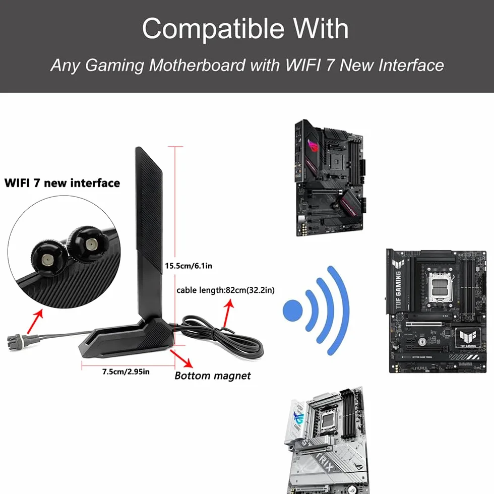 Gintai Antenna WiFi 7 WLAN Amplificatori Tri-Band 6GHz/5GHz/2.4GHz per WiFi 7 Carte,12dBi Bluetooth 5.4 Antenna WiFi pc,Base Magnetica, Amplificatore segnale 802.11be per PC/Router/PCI